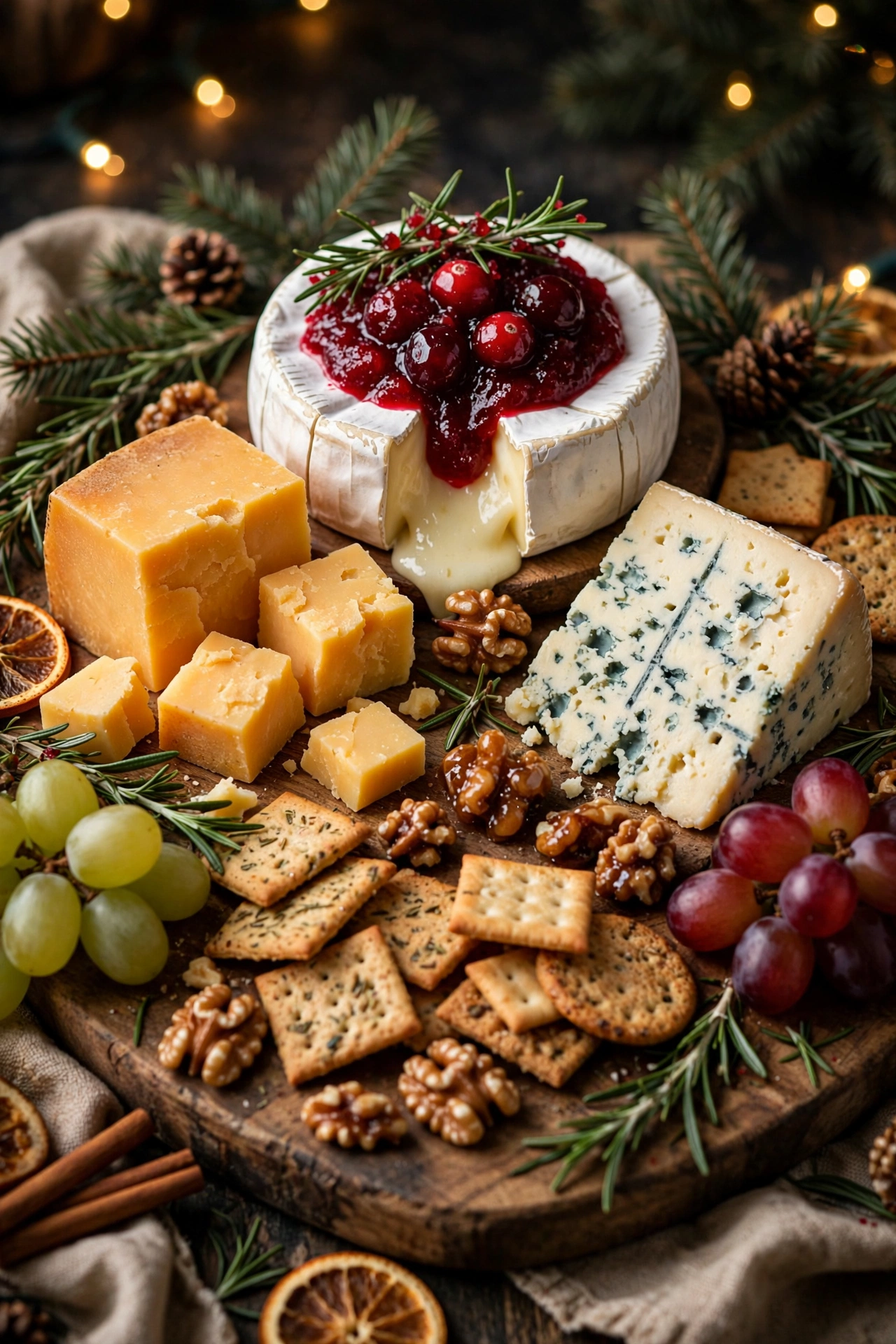 Festive Christmas cheese board with brie, cranberries, and rosemary — one of the best Christmas appetizer ideas