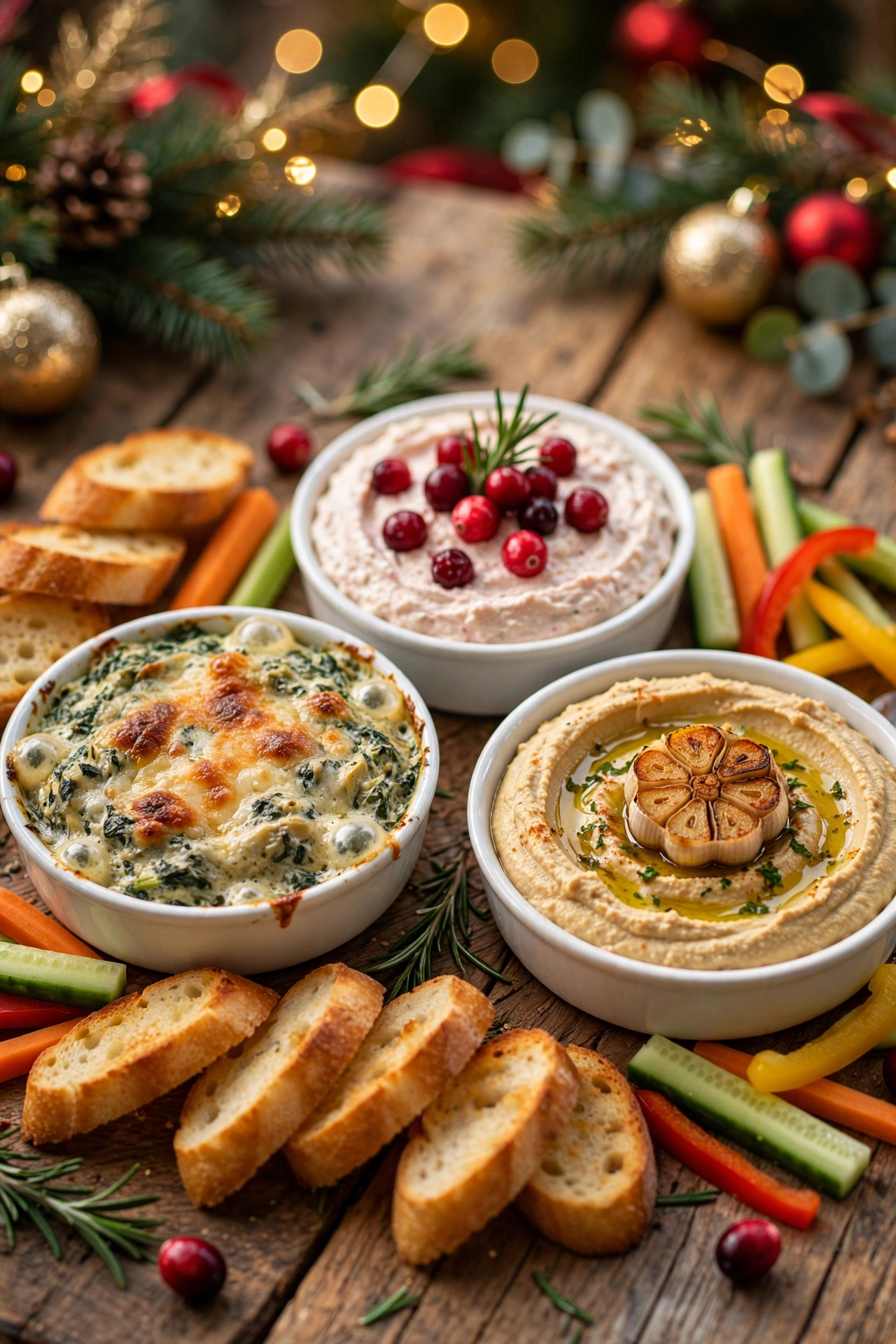 Three warm Christmas dips — spinach artichoke, cranberry brie, and hummus — easy Christmas appetizer ideas