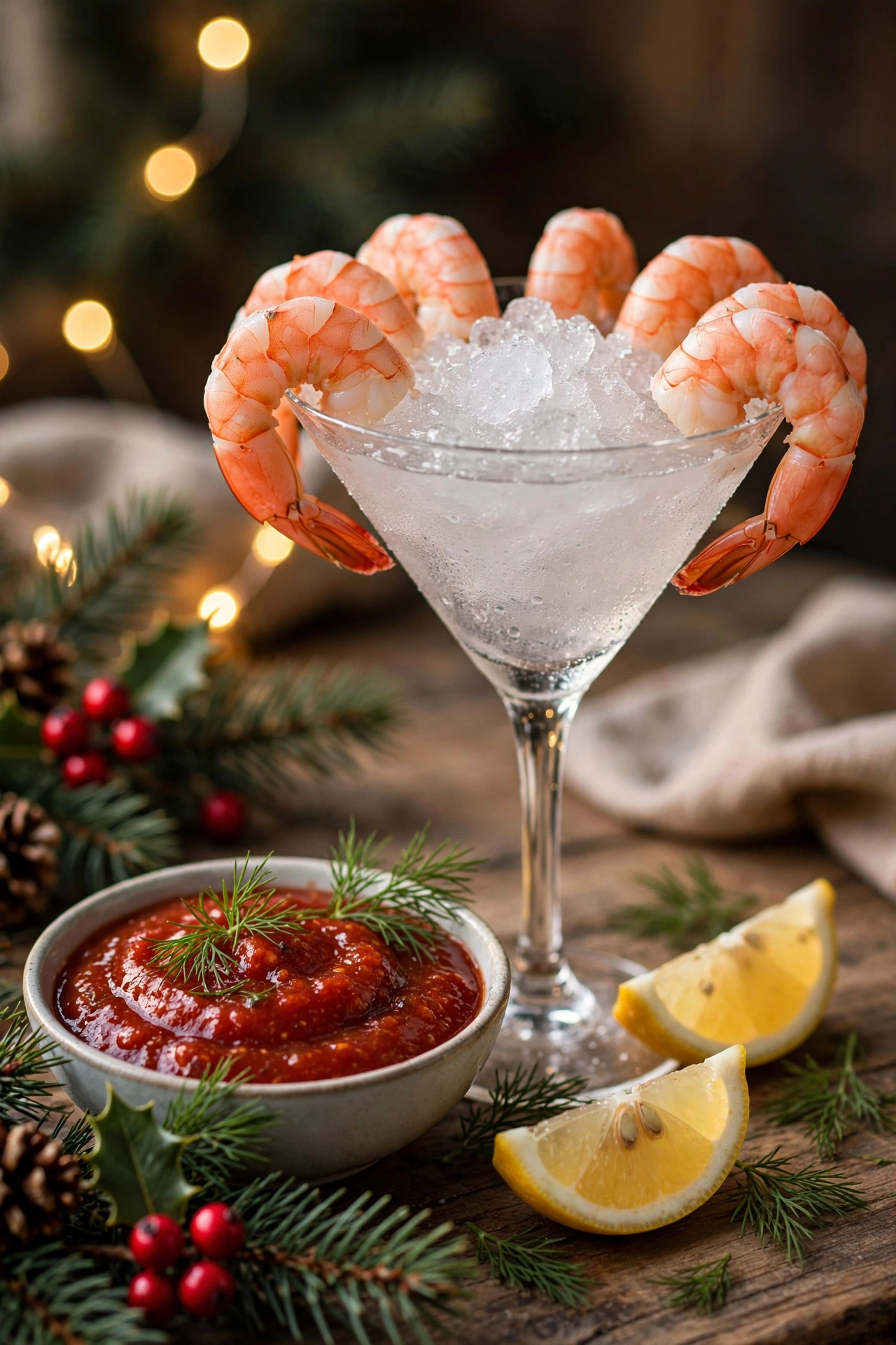 Elegant Christmas shrimp cocktail with cocktail sauce — a timeless Christmas appetizer idea