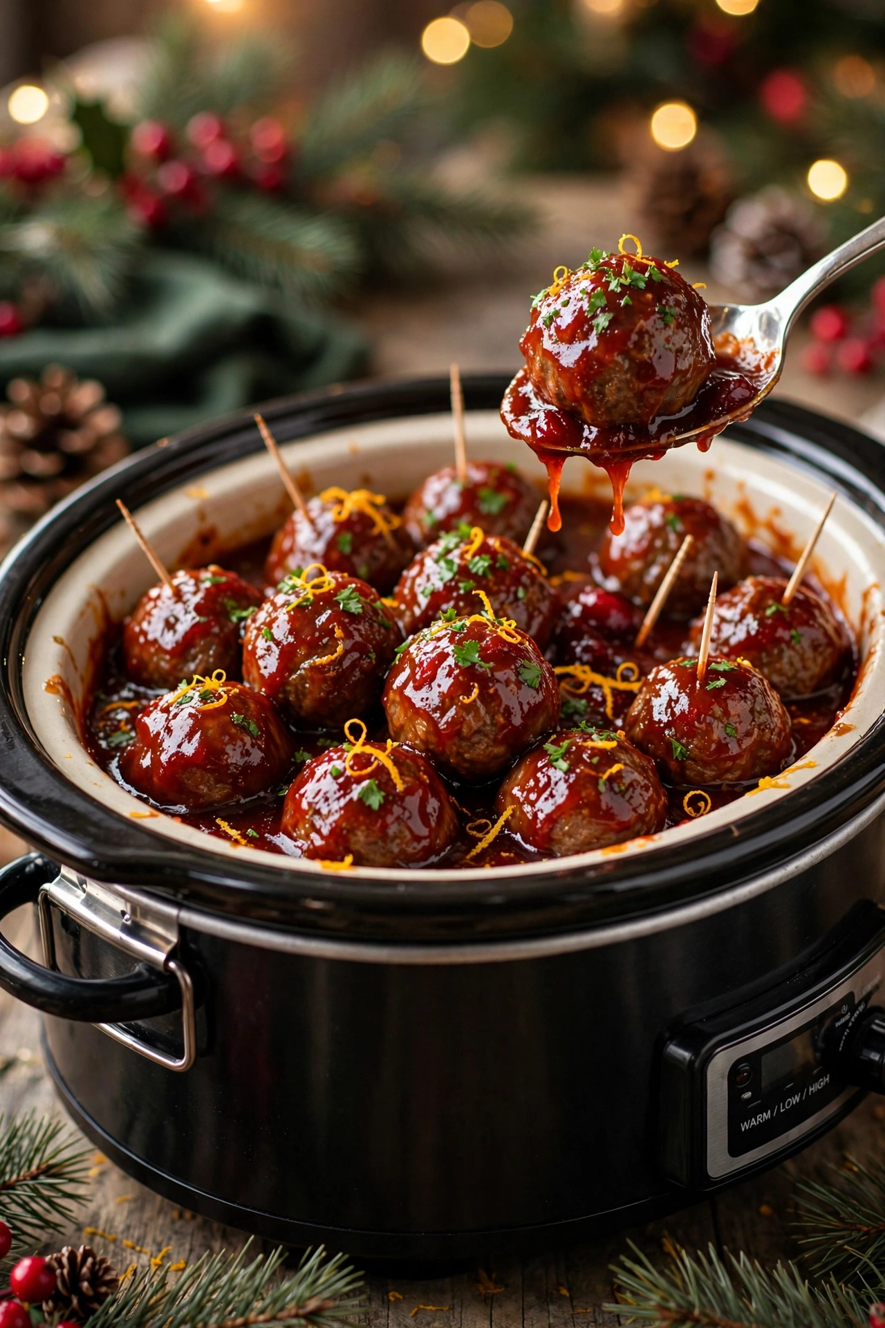 Christmas cocktail meatballs with cranberry glaze in a slow cooker — a classic Christmas appetizer idea