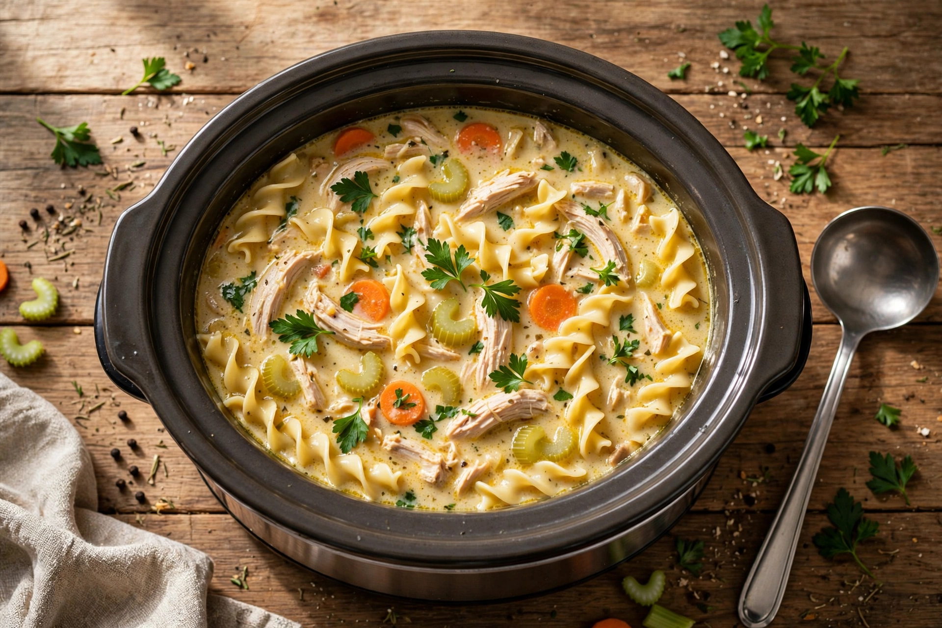 Slow cooker creamy chicken noodle soup with shredded chicken, egg noodles and vegetables - best crockpot recipes
