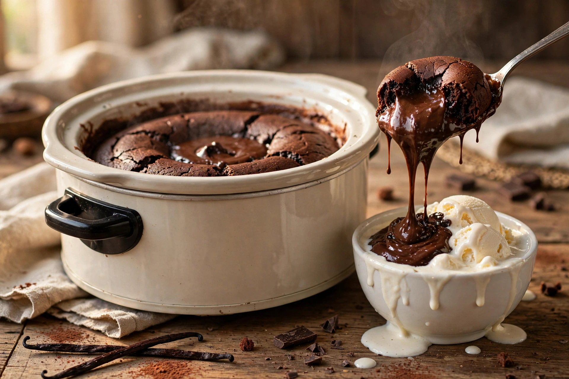 Slow cooker chocolate lava cake with molten center served with vanilla ice cream - best crockpot recipes
