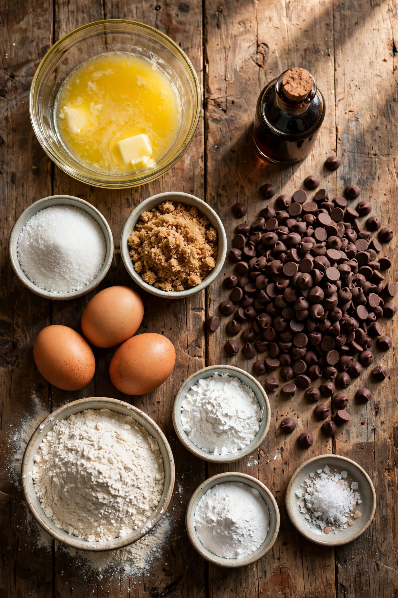 Best chocolate chip cookie recipe ingredients on a wooden table