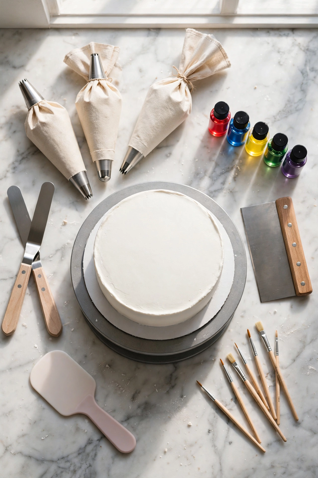 Artistic cake decorating tools arranged on a marble counter with piping bags, spatulas, a turntable, and gel food colors