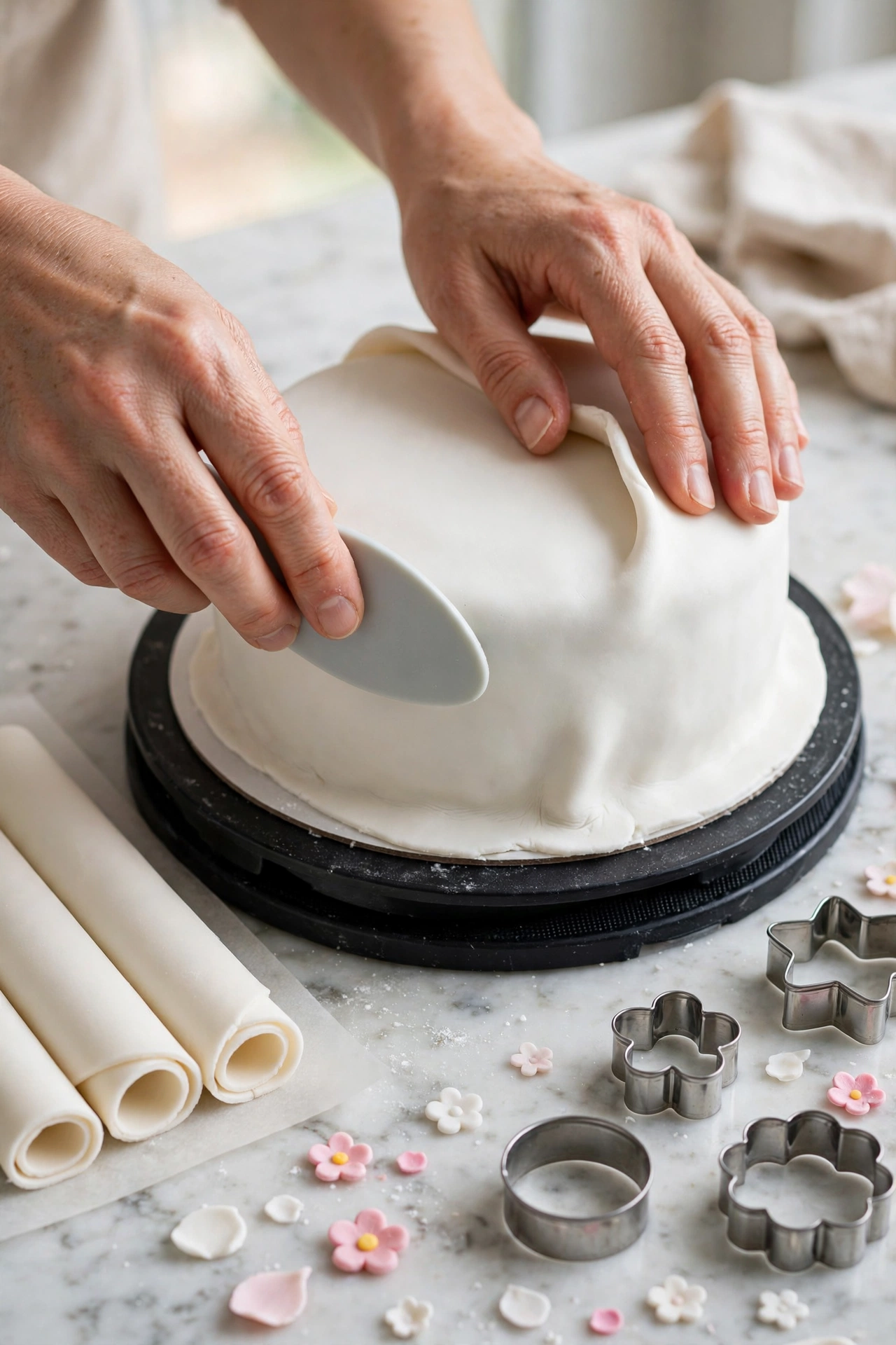 Hands smoothing fondant over a cake during artistic cake decorating