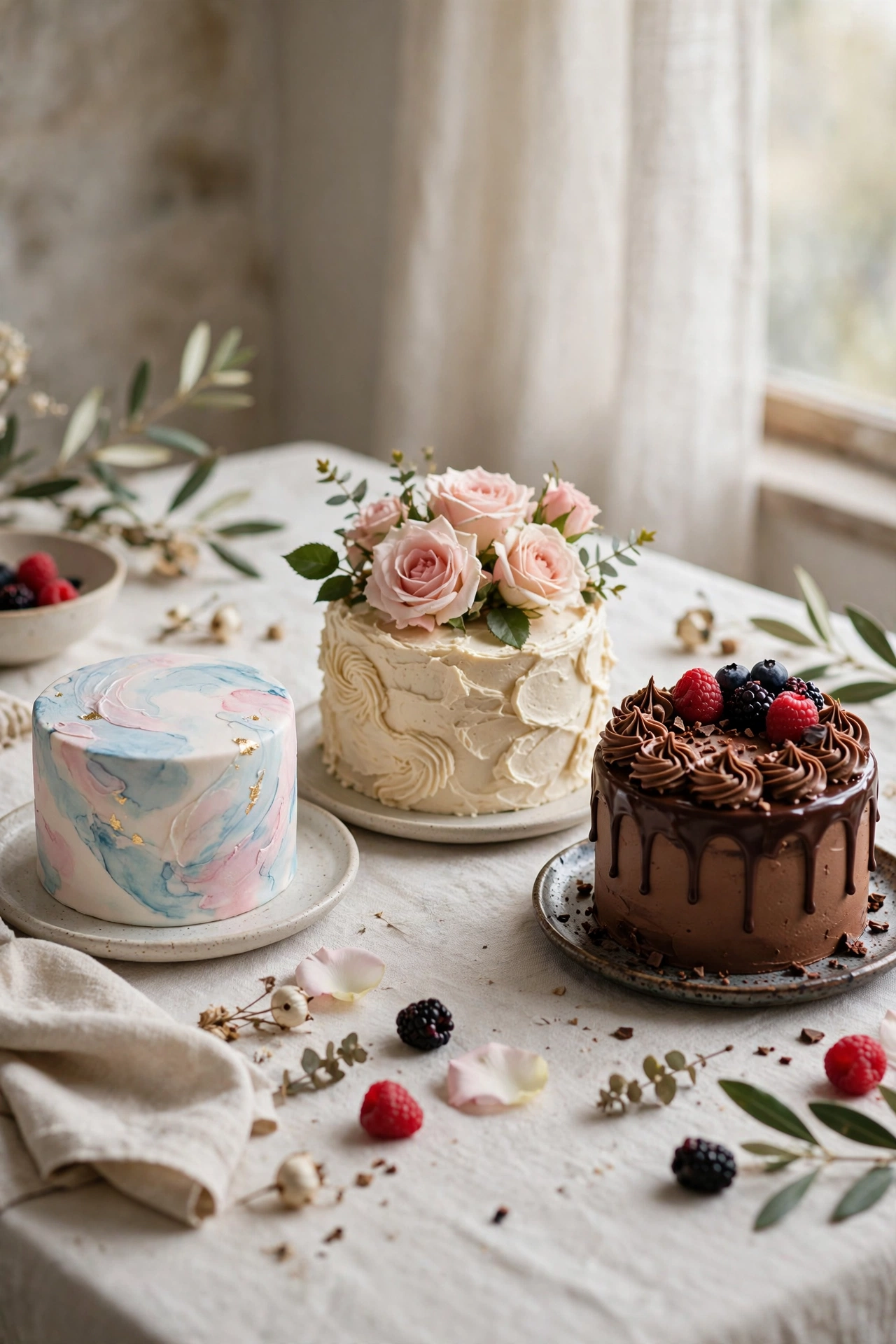 Three artistic cake decorating styles: a watercolor painted cake, a rustic buttercream cake with roses, and a chocolate drip cake