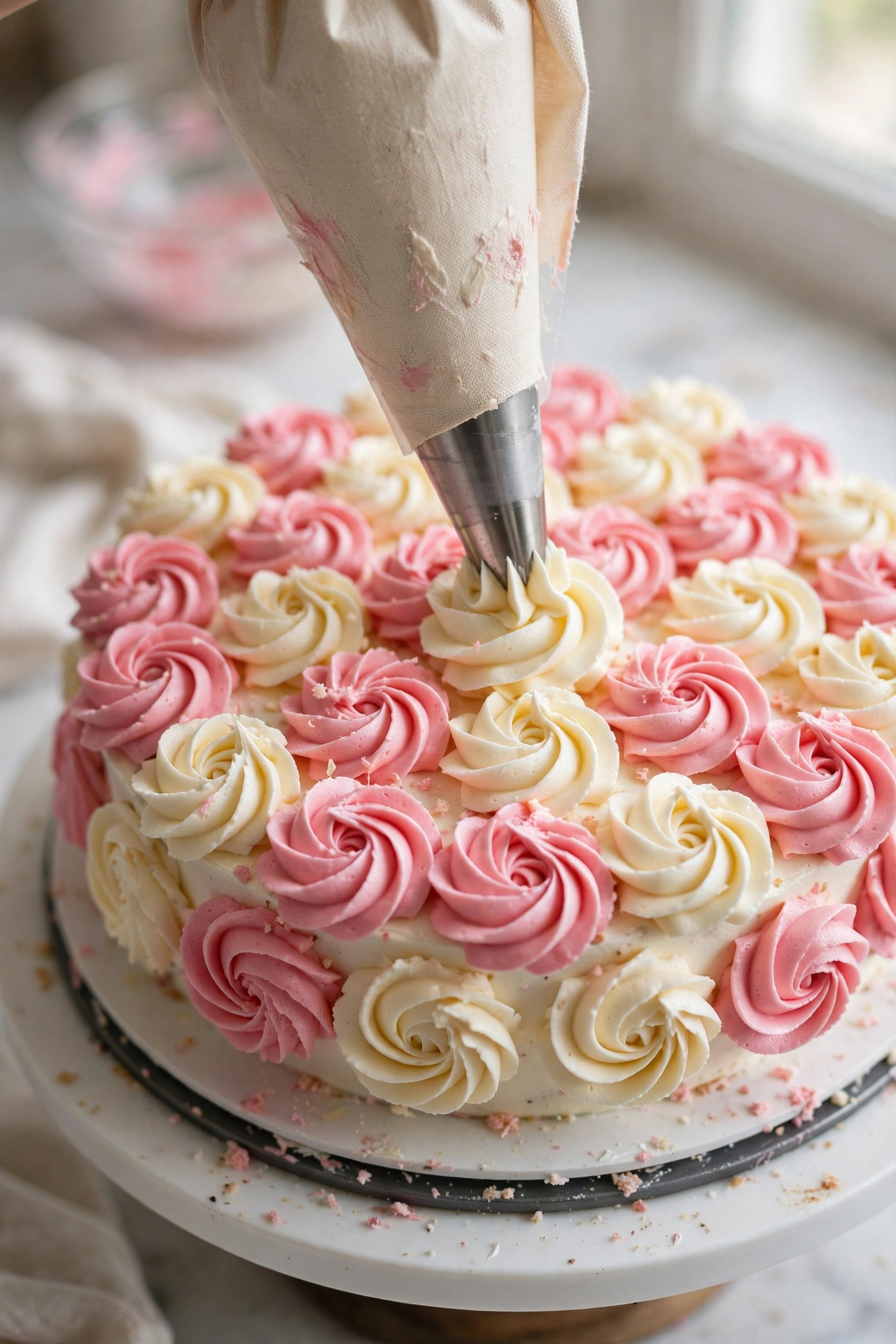 Piping buttercream rosettes onto a cake for artistic cake decorating