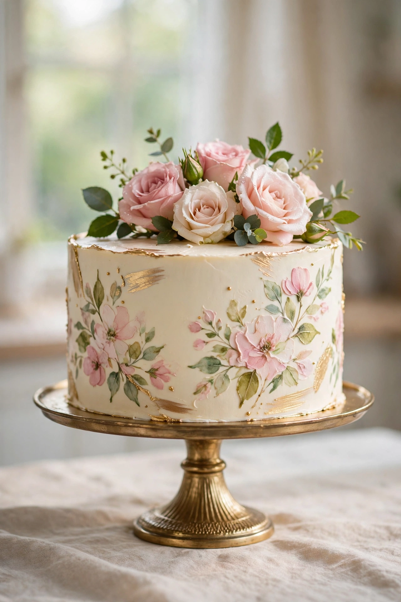 Elegant finished cake with hand-painted watercolor florals and gold accents from artistic cake decorating
