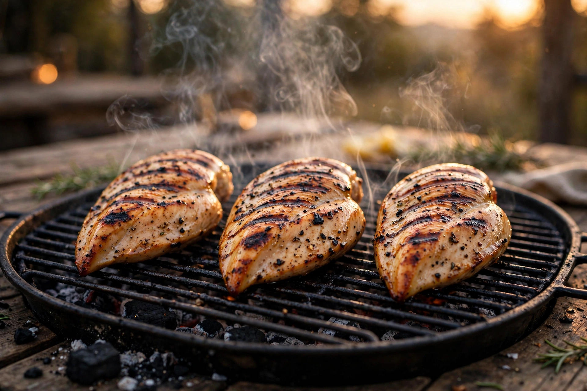 Juicy grilled chicken breast recipes cooking on a barbecue with perfect char marks