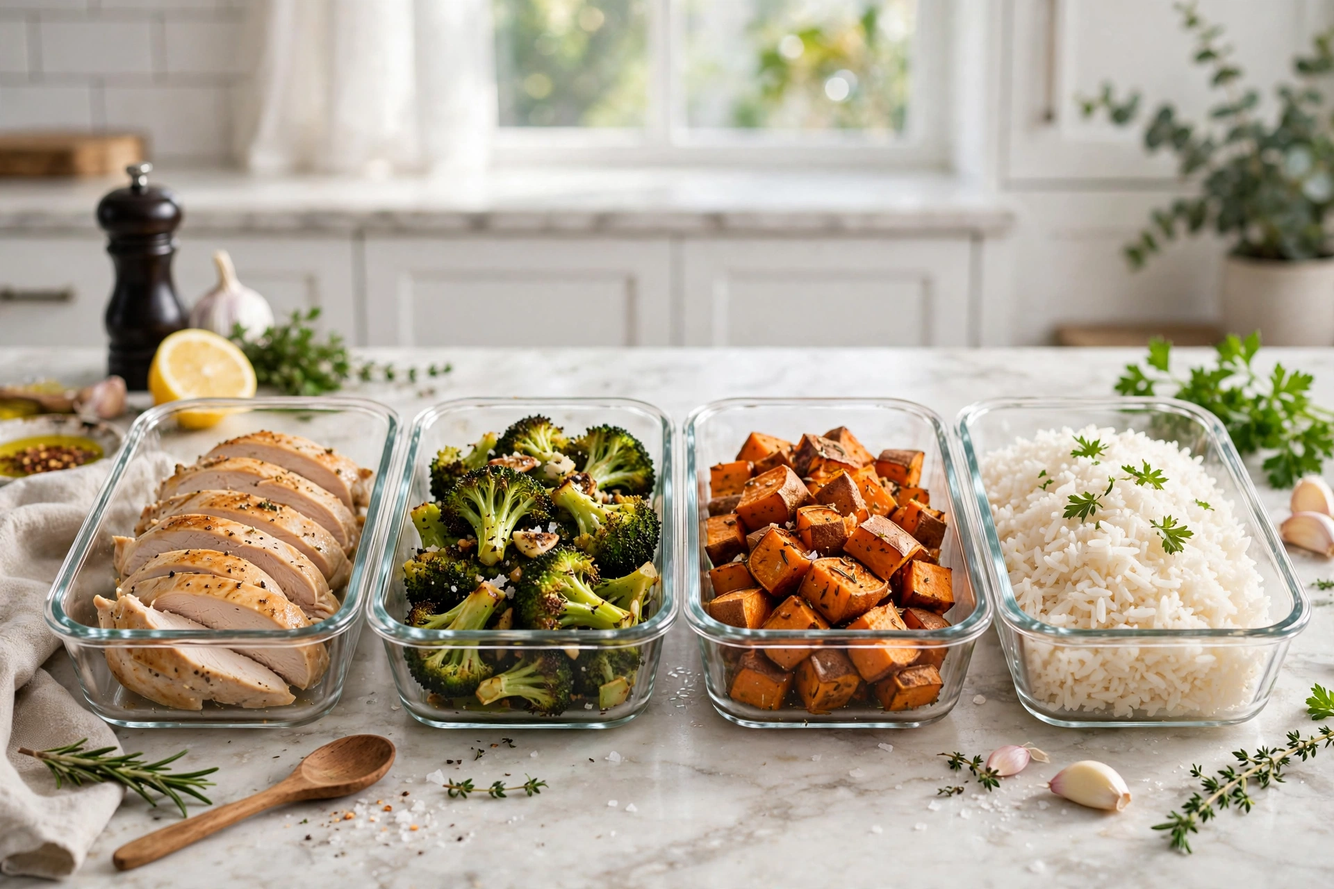 Meal prep containers filled with chicken breast recipes, roasted vegetables, and rice