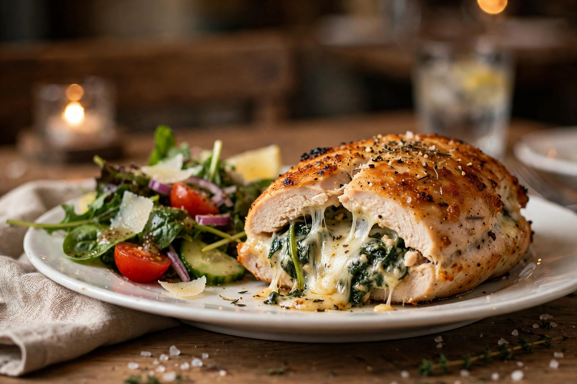 Stuffed chicken breast recipes filled with spinach and melted cheese, cut open on a plate