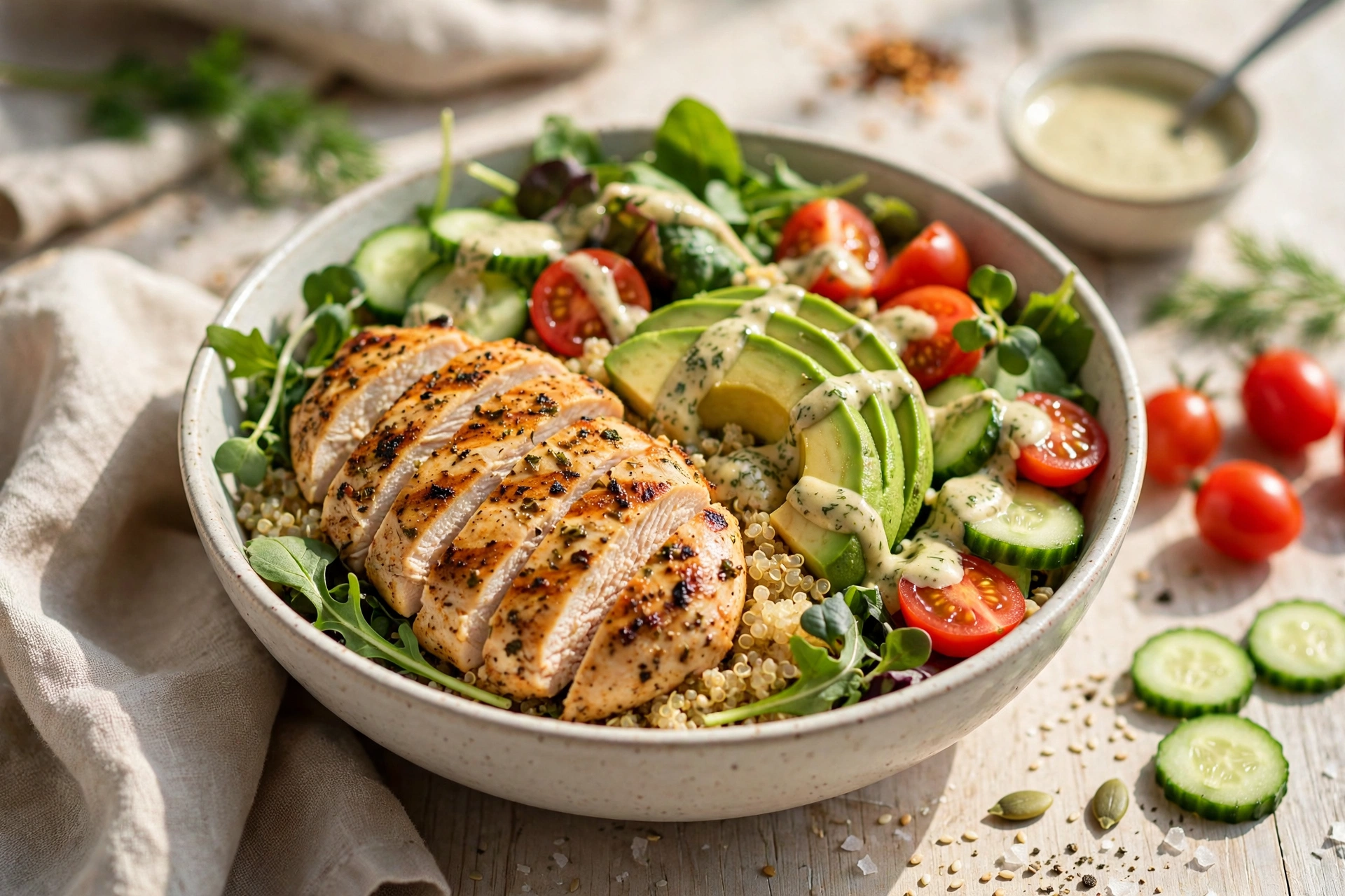 Healthy chicken breast recipes grain bowl with quinoa, avocado, cherry tomatoes, and greens