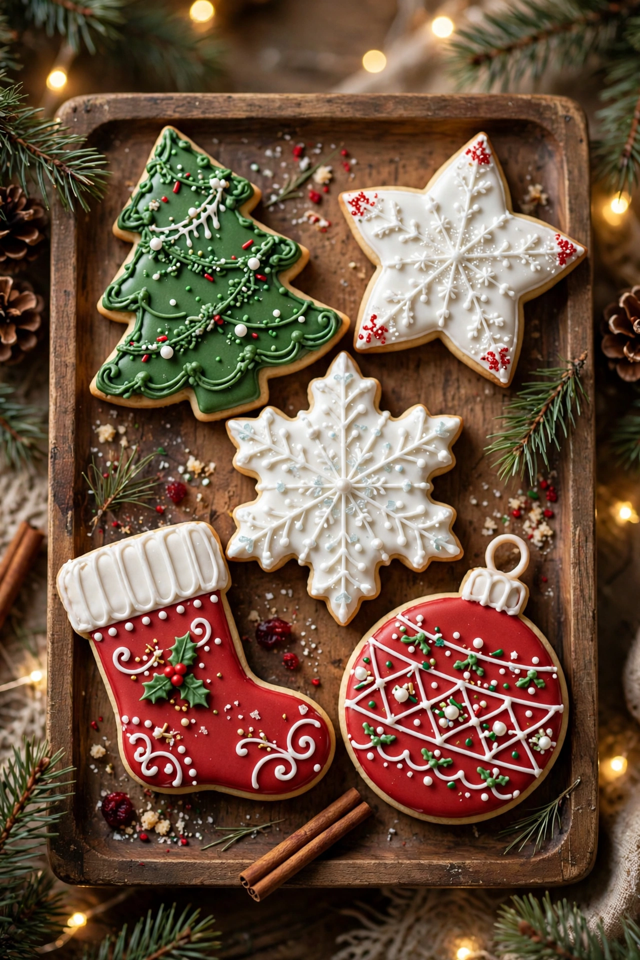 Assorted christmas cookies decorated with royal icing in red, green, and white on a festive tray