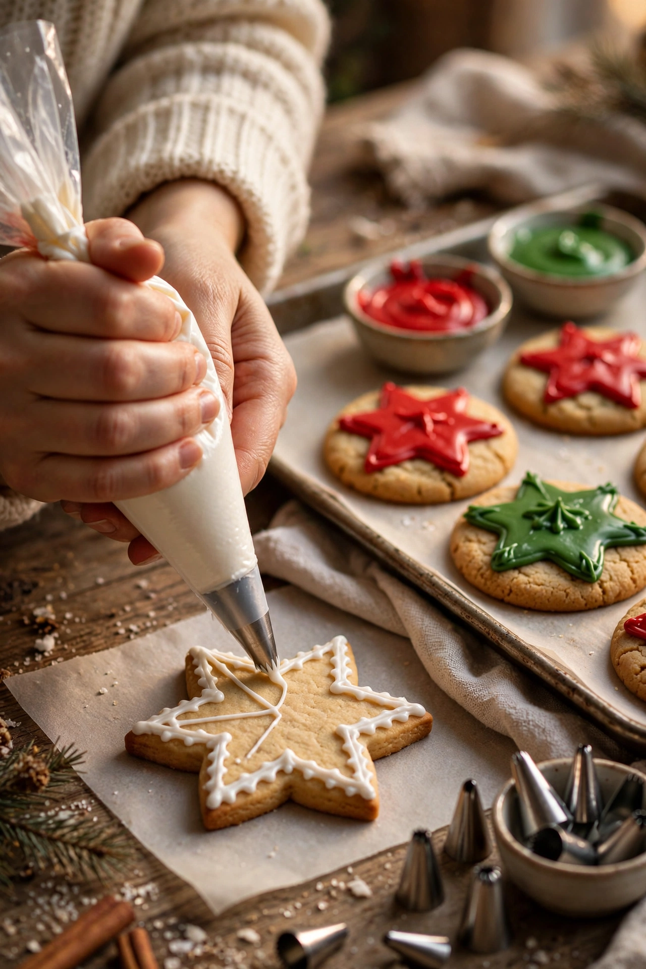 Hands piping white royal icing onto star-shaped christmas cookies decorated for the holidays