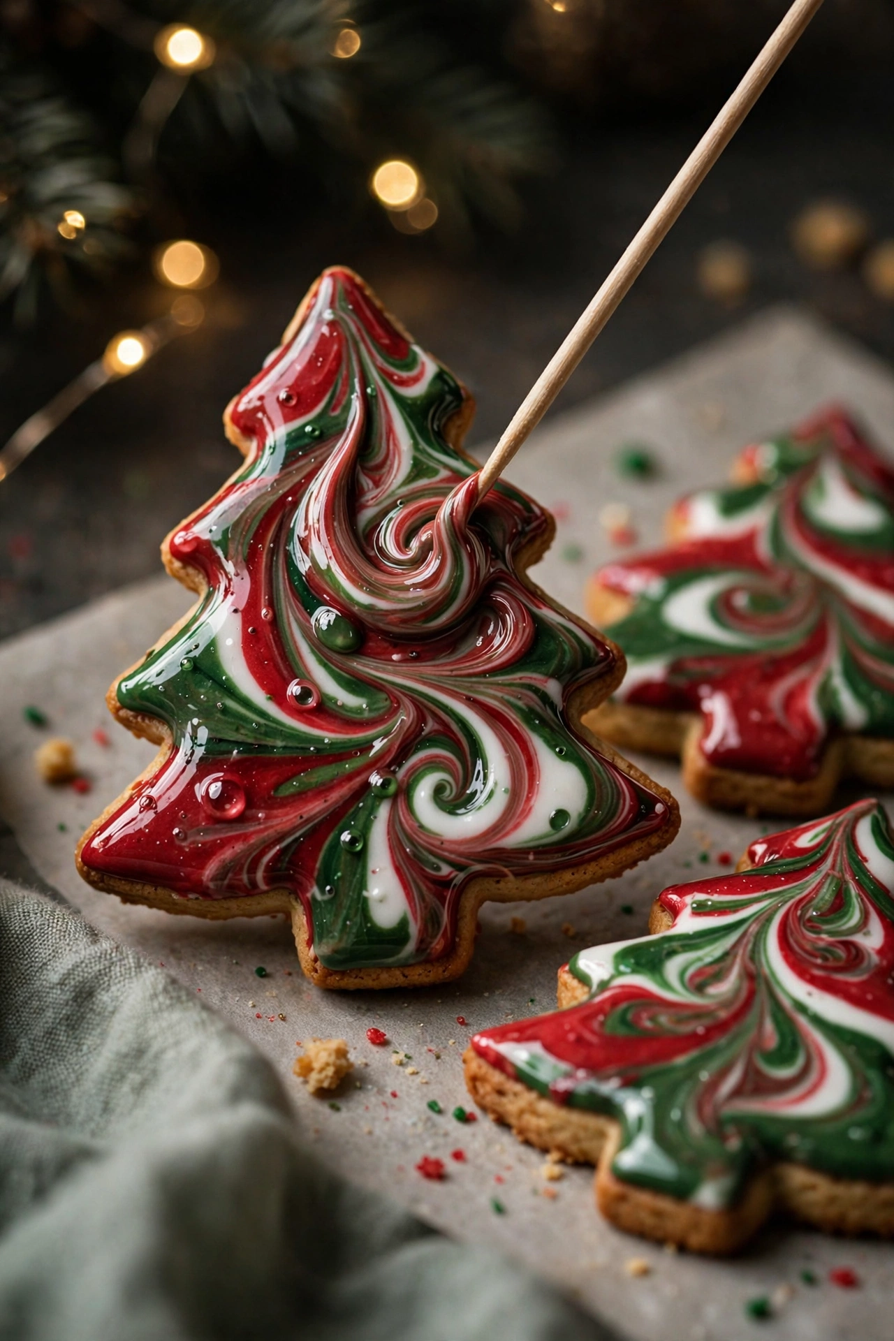 Christmas tree cookie decorated with wet-on-wet marbled red, green and white royal icing
