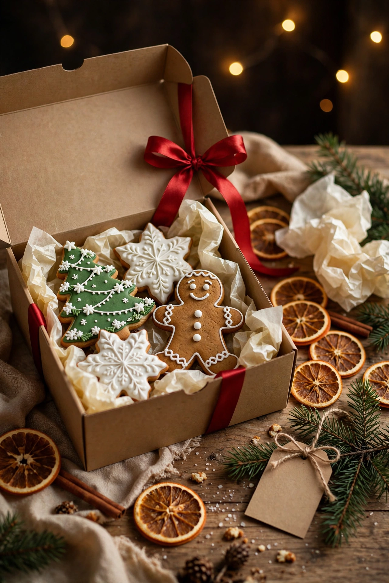 Gift box of christmas cookies decorated with royal icing, tied with a red ribbon
