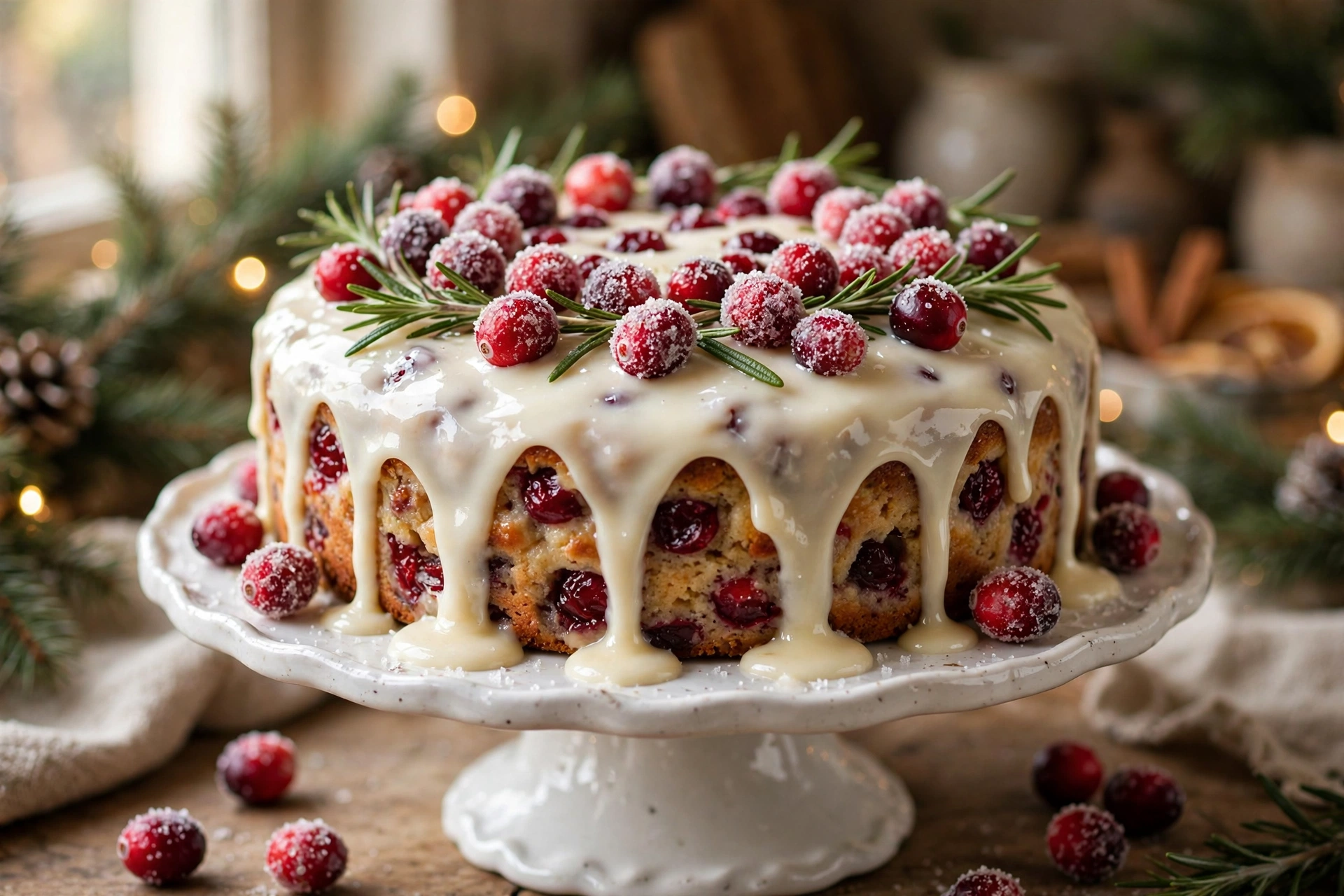 Whole glazed cranberry christmas cake with sugared cranberries