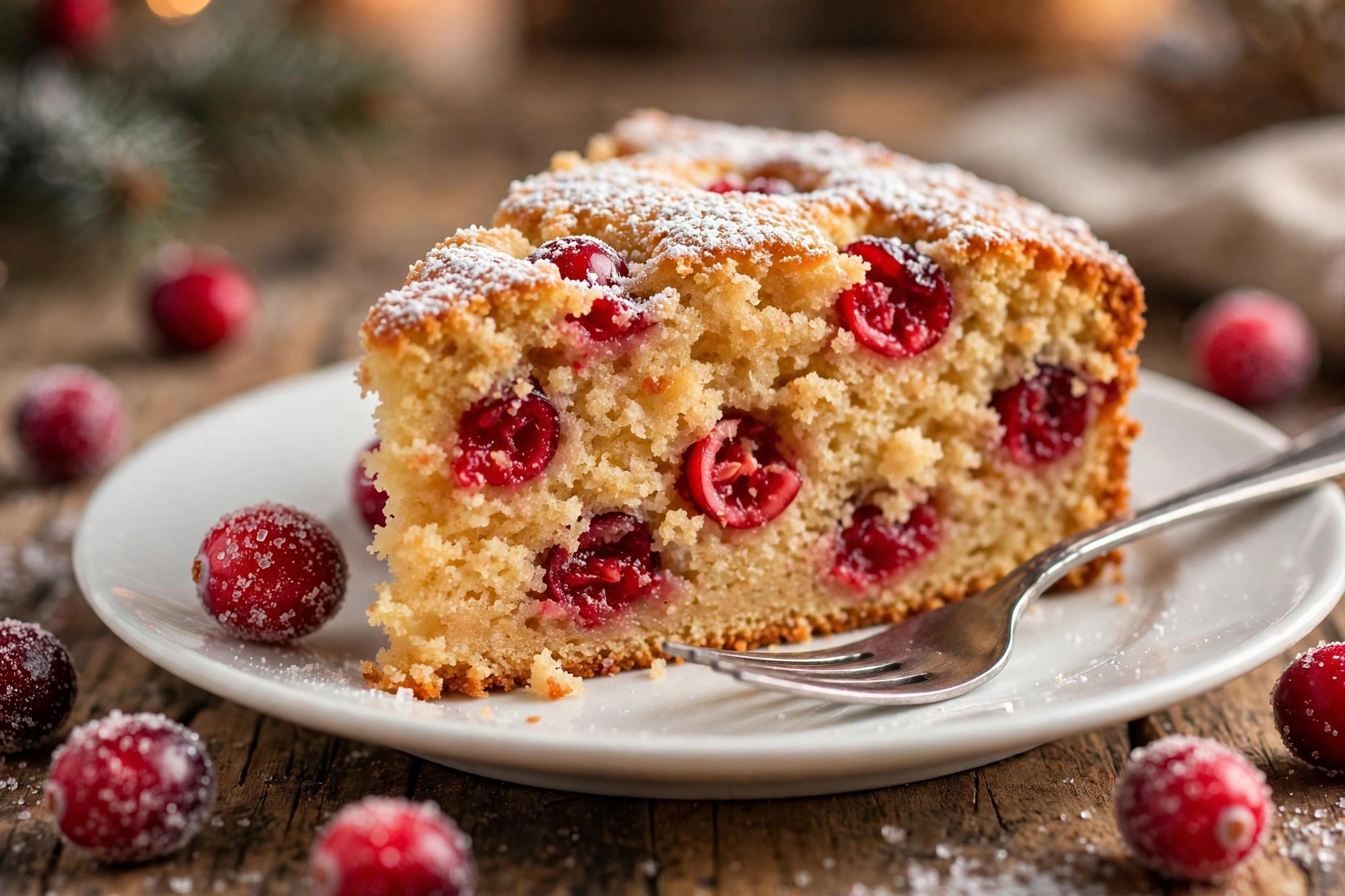 Sliced cranberry christmas cake showing moist crumb and berries