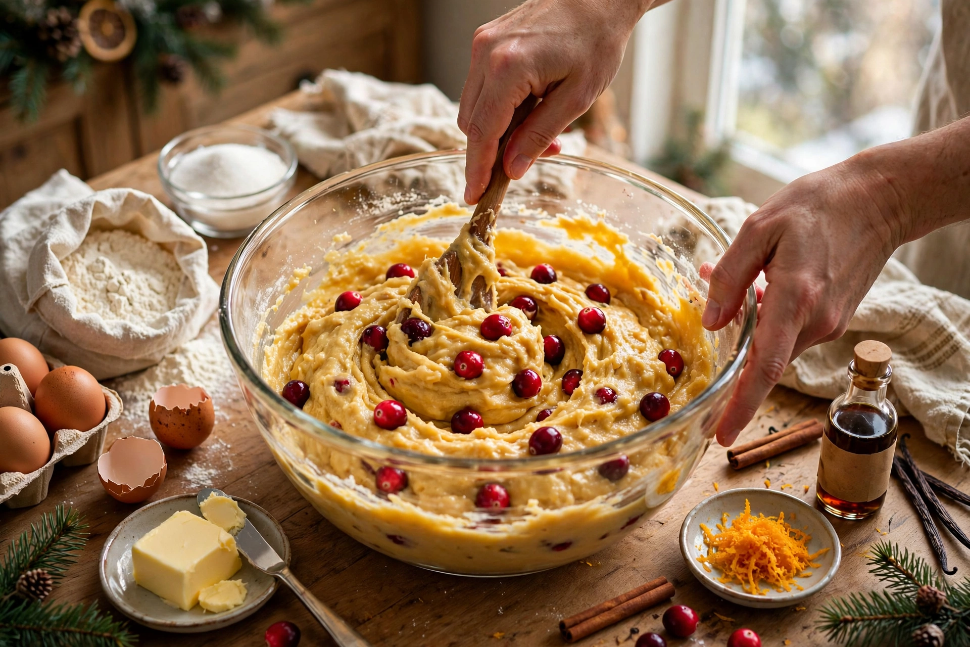 Fresh ingredients for cranberry christmas cake on a kitchen counter