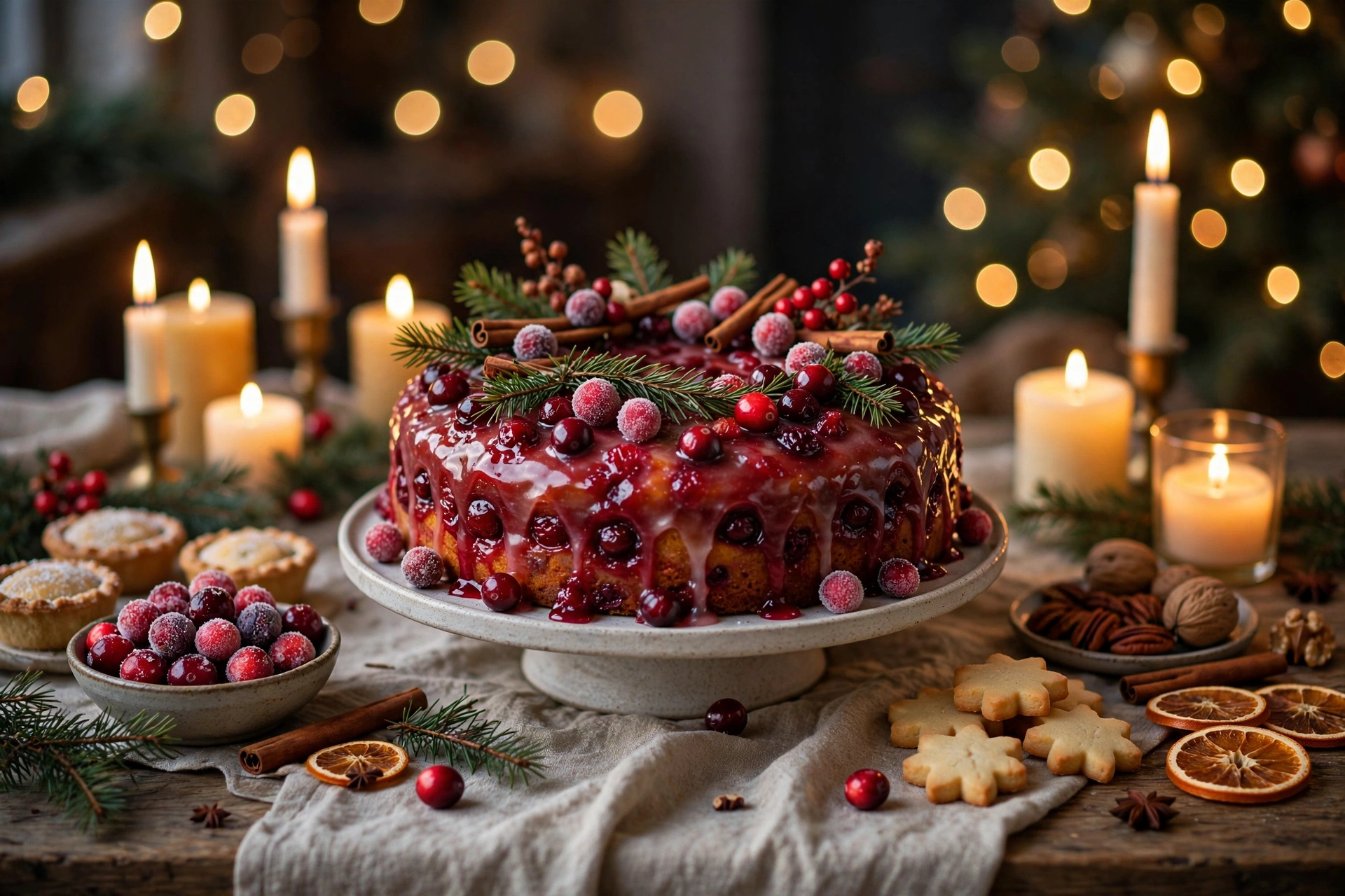 Cranberry christmas cake served on a festive holiday table