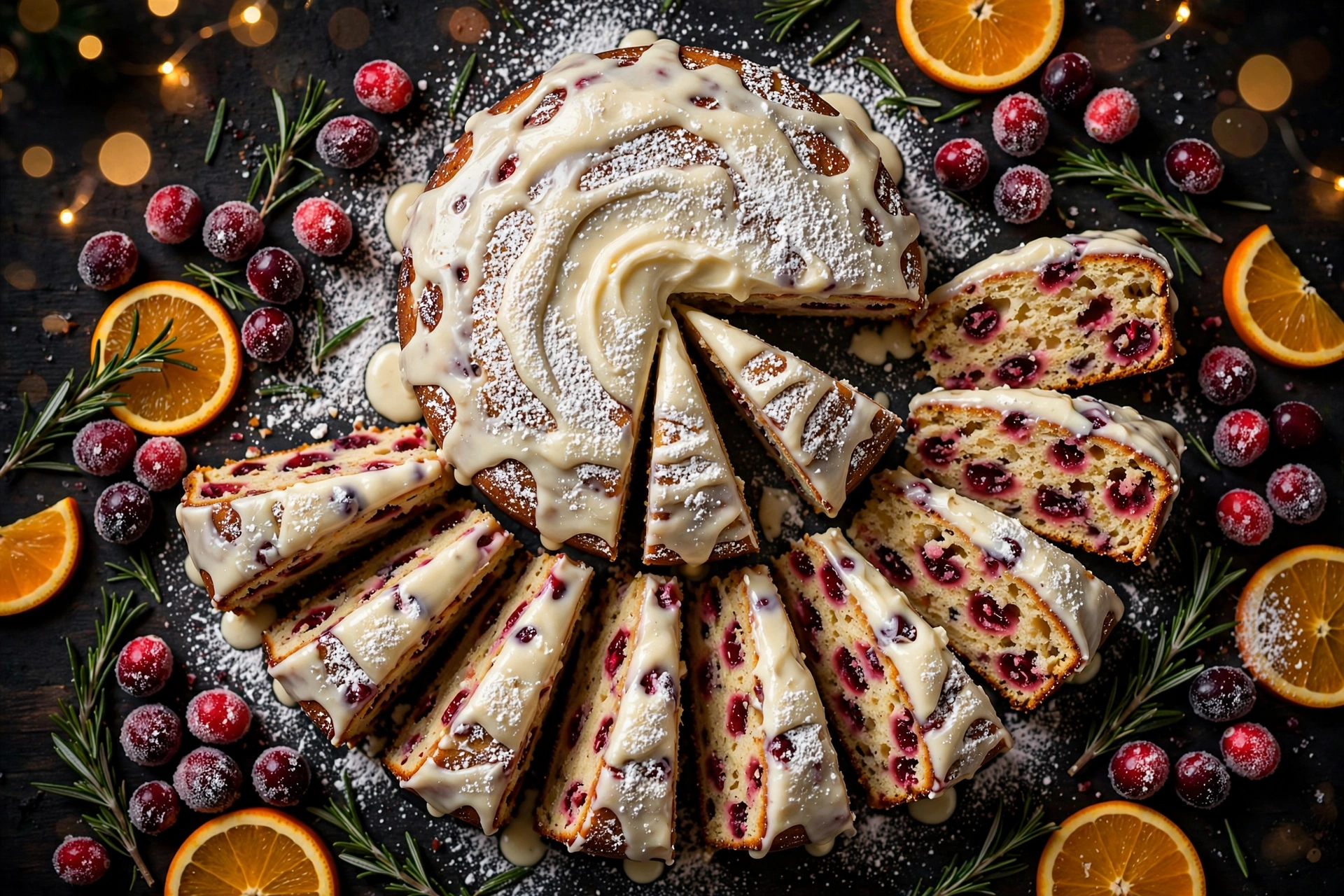 Fanned slices of cranberry christmas cake with sugared cranberries