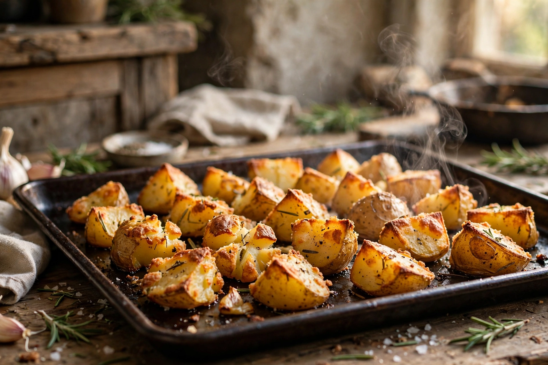 Golden crispy oven roasted potatoes recipe chunks spread on a sheet pan with crunchy browned edges