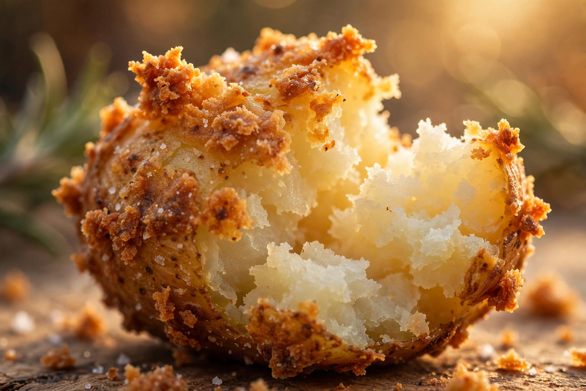 Close-up of one crispy oven roasted potatoes recipe chunk showing crunchy golden edges