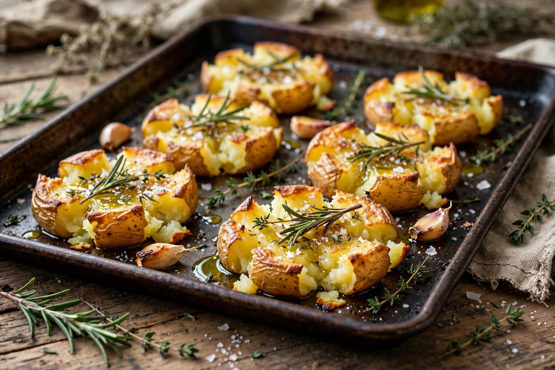 Smashed crispy oven roasted potatoes recipe with fresh herbs and golden crunchy edges