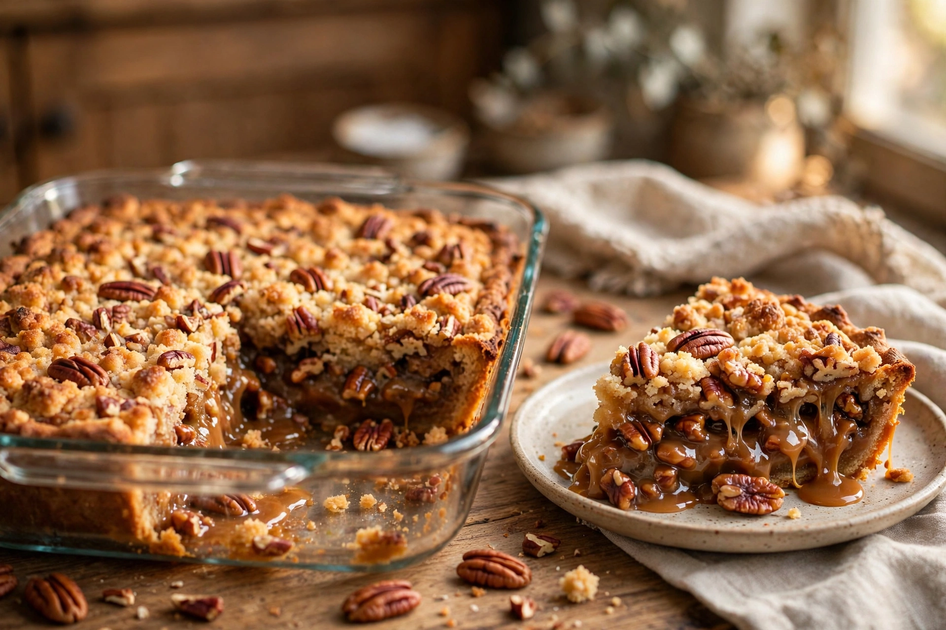 Golden pecan pie dump cake slice served from a baking dish