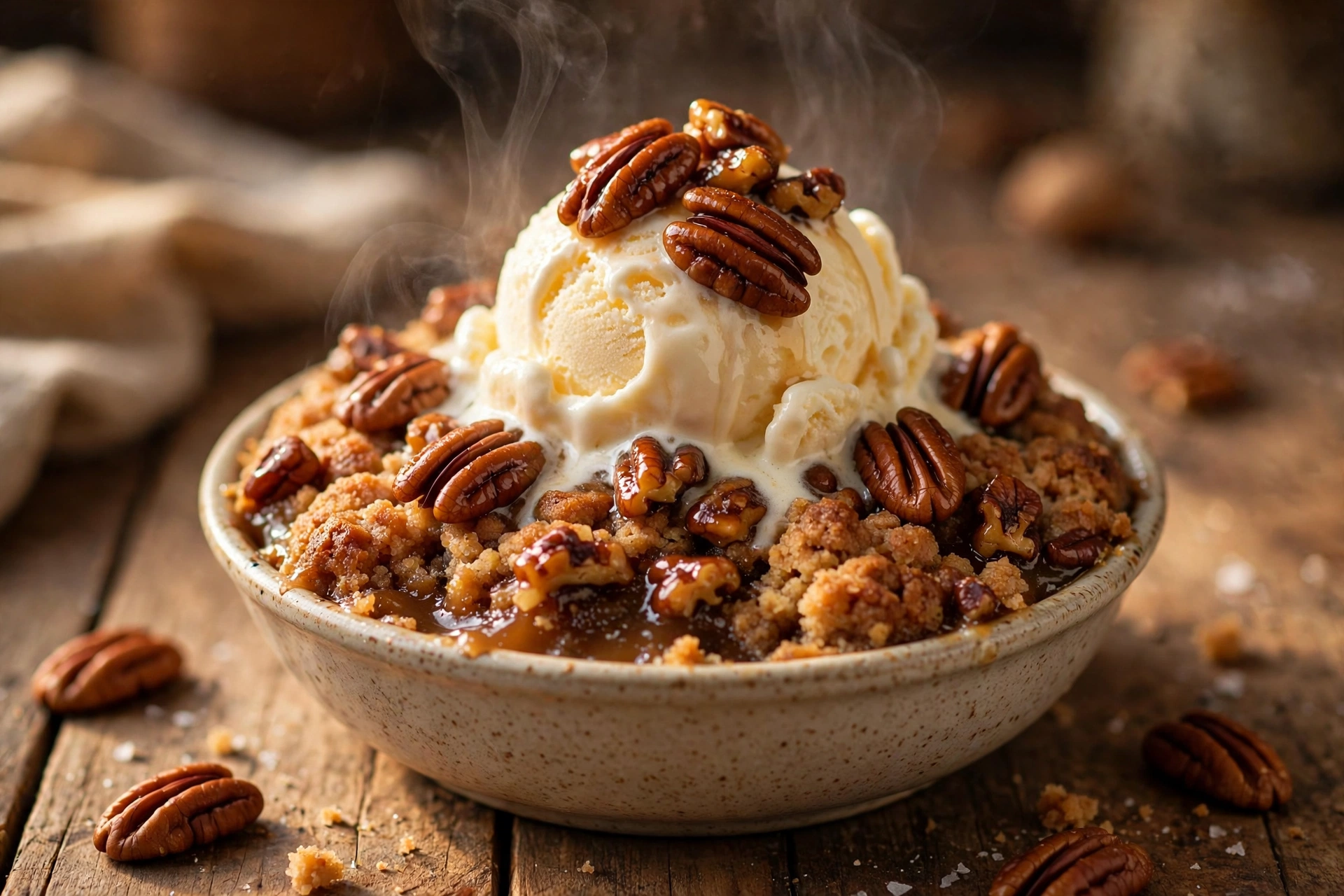 Warm pecan pie dump cake served with a melting scoop of vanilla ice cream