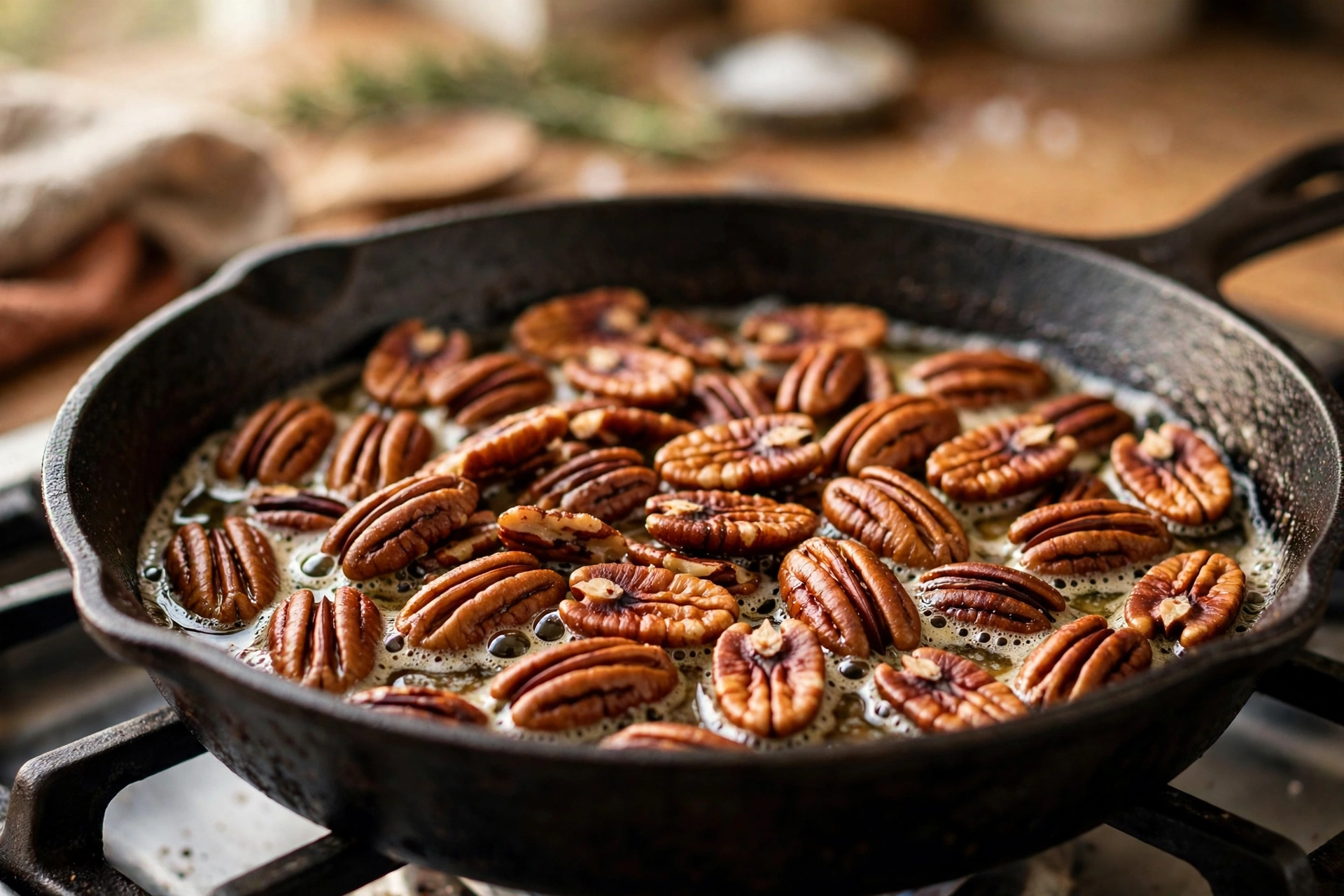 Toasting pecans in a skillet for pecan pie dump cake