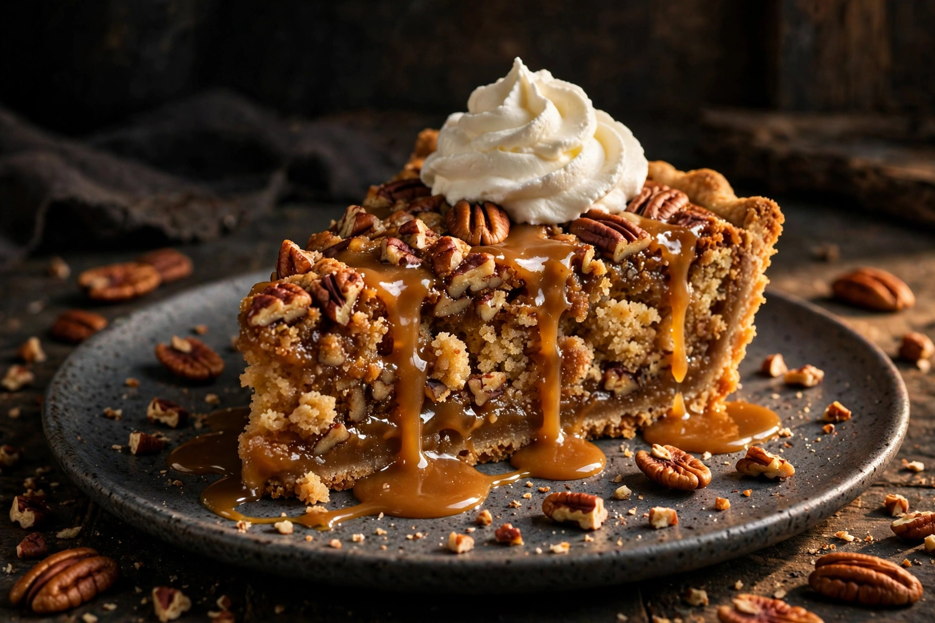 Pecan pie dump cake slice with caramel drizzle and whipped cream