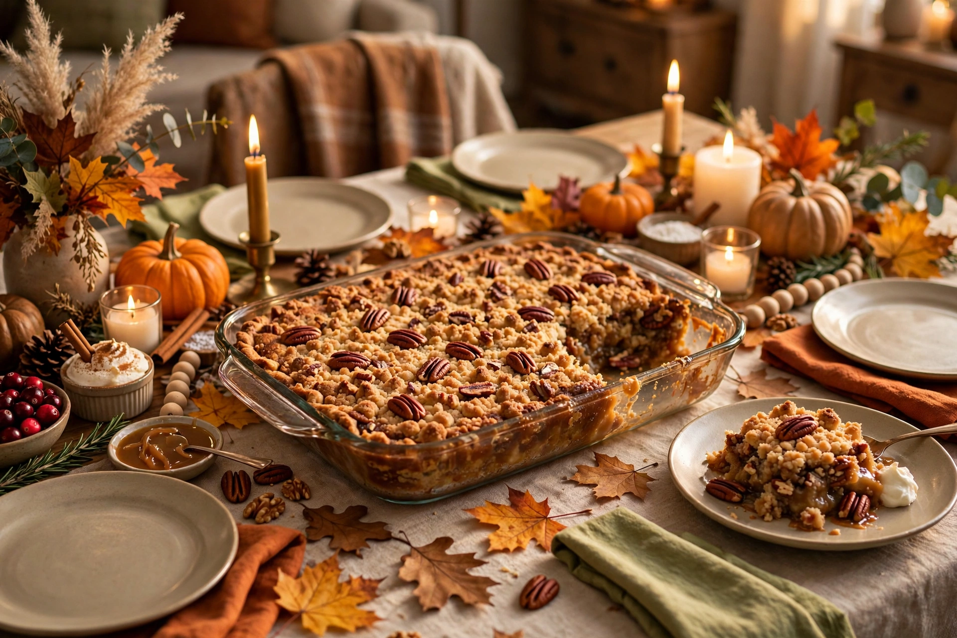 Holiday dessert table with pecan pie dump cake as the centerpiece