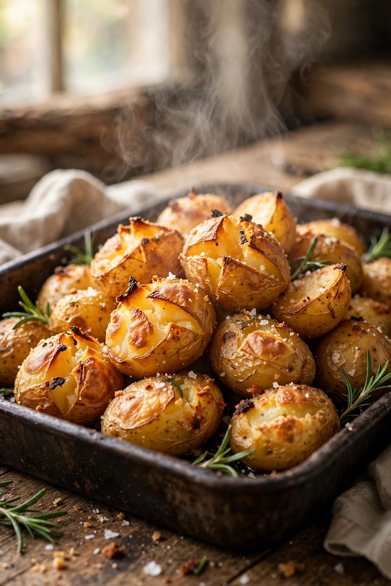 Golden crispy roast potatoes piled in a roasting pan with rosemary and flaky sea salt