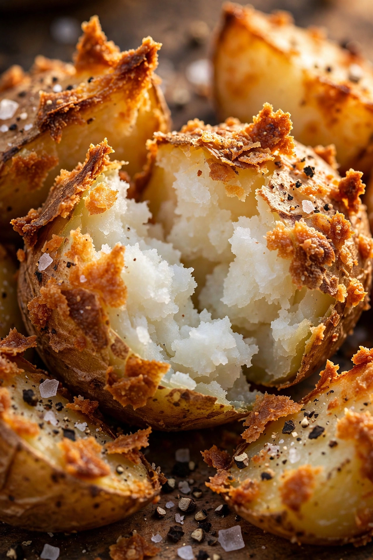 Close-up of crispy roast potatoes showing crunchy golden edges and fluffy interior