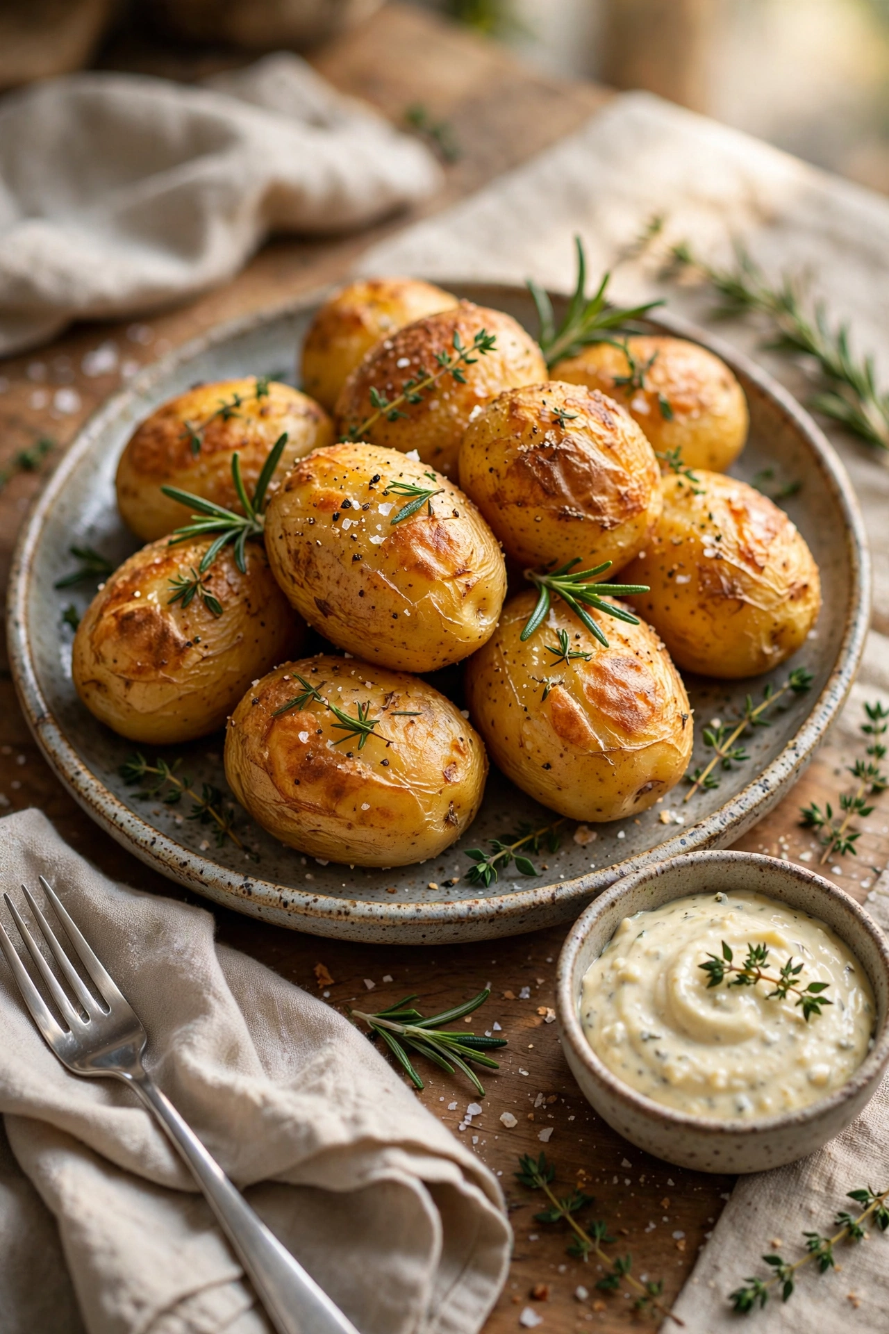Crispy roast potatoes served on a ceramic platter with garlic aioli