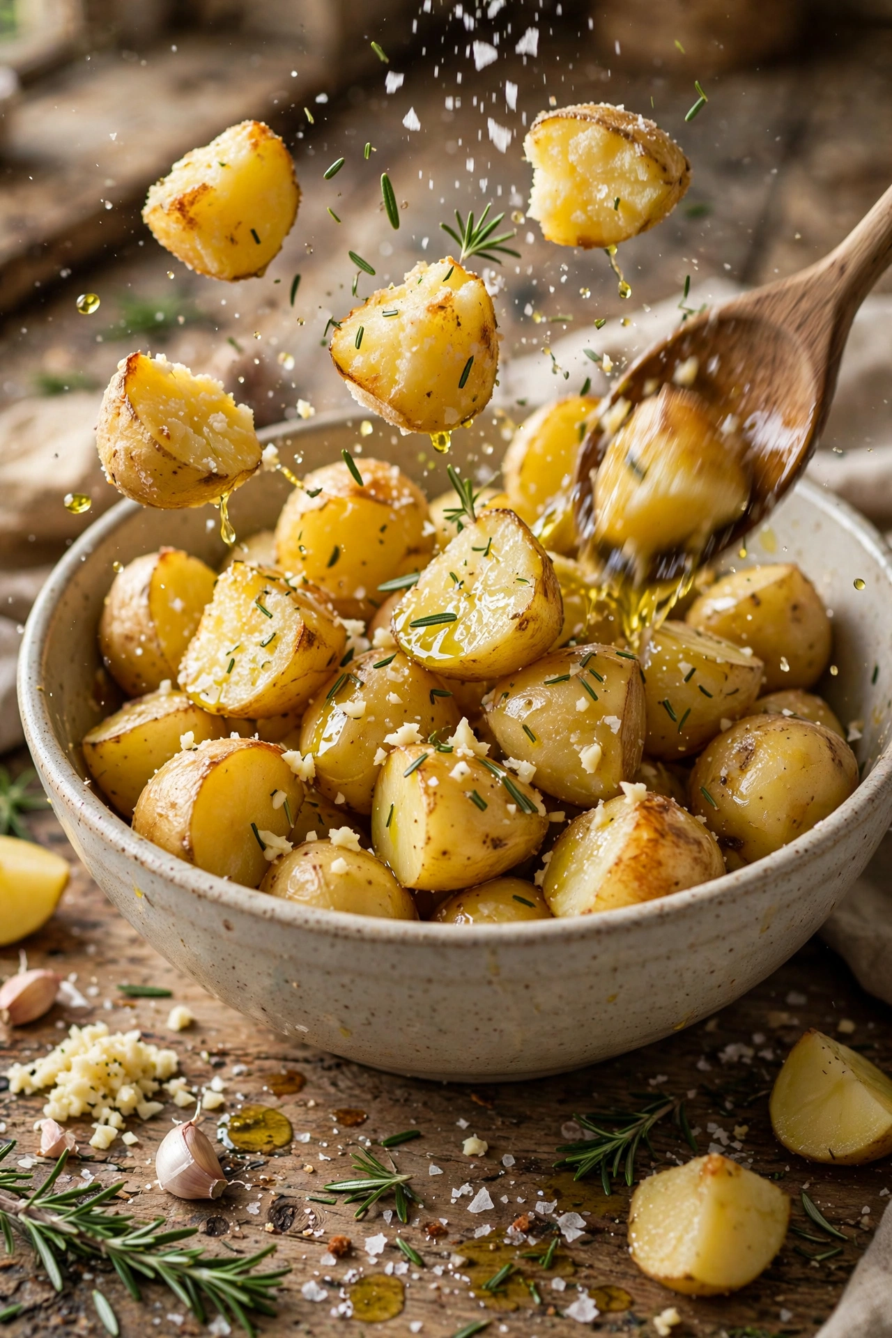 Seasoning parboiled potatoes with olive oil, garlic, and rosemary for crispy roast potatoes