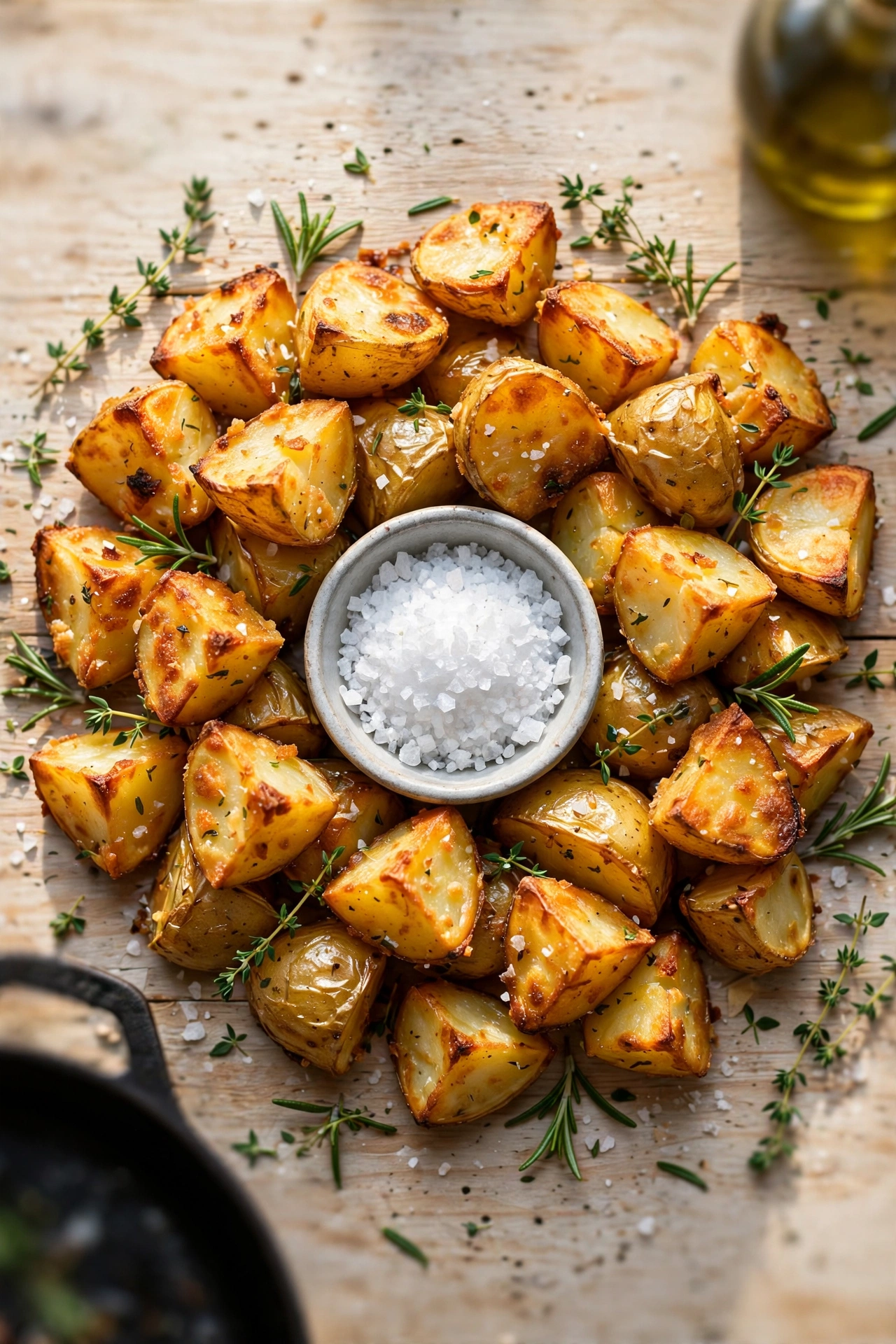 Overhead view of crispy roast potatoes arranged around a bowl of sea salt