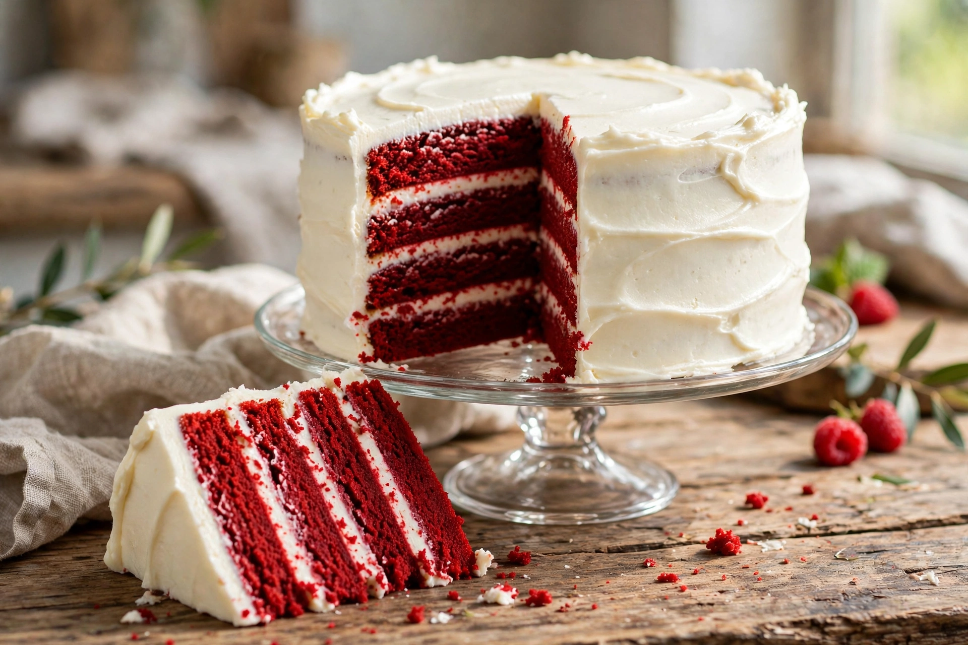 Classic red velvet cake with cream cheese frosting, one slice cut to show the red layers