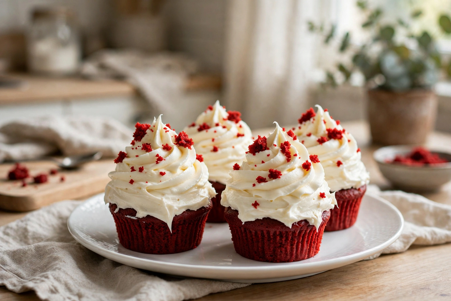 Cupcakes baked from red velvet cake batter, topped with swirled cream cheese frosting