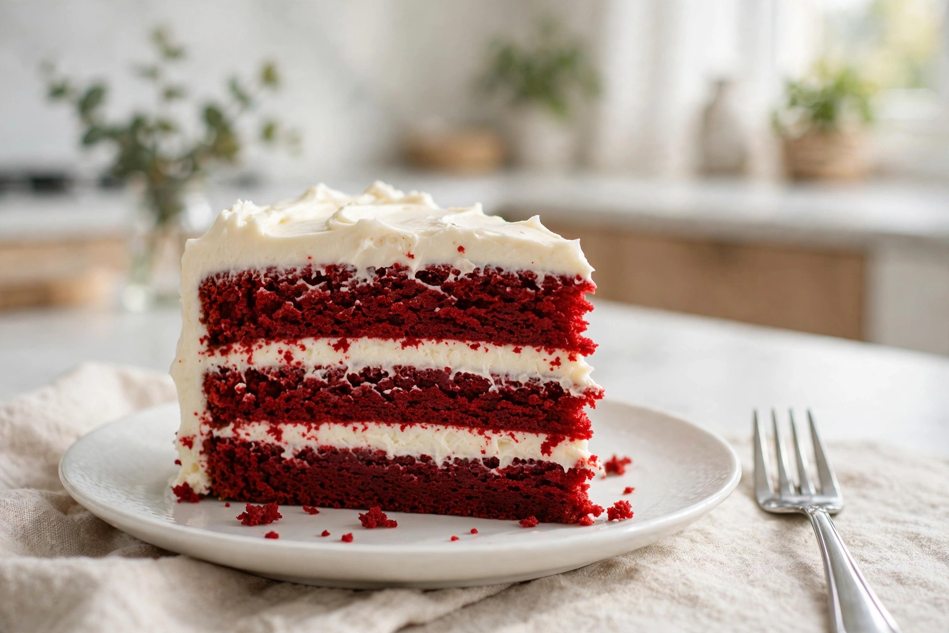 Slice of red velvet cake with creamy frosting on a white plate with a fork