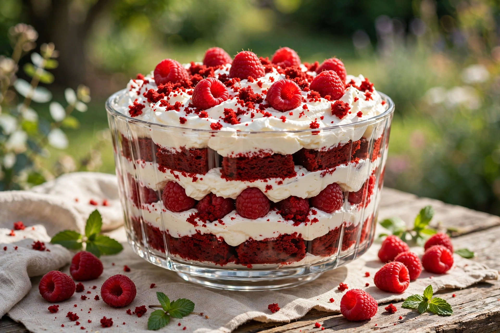 Red velvet cake trifle layered with whipped cream in a clear glass bowl