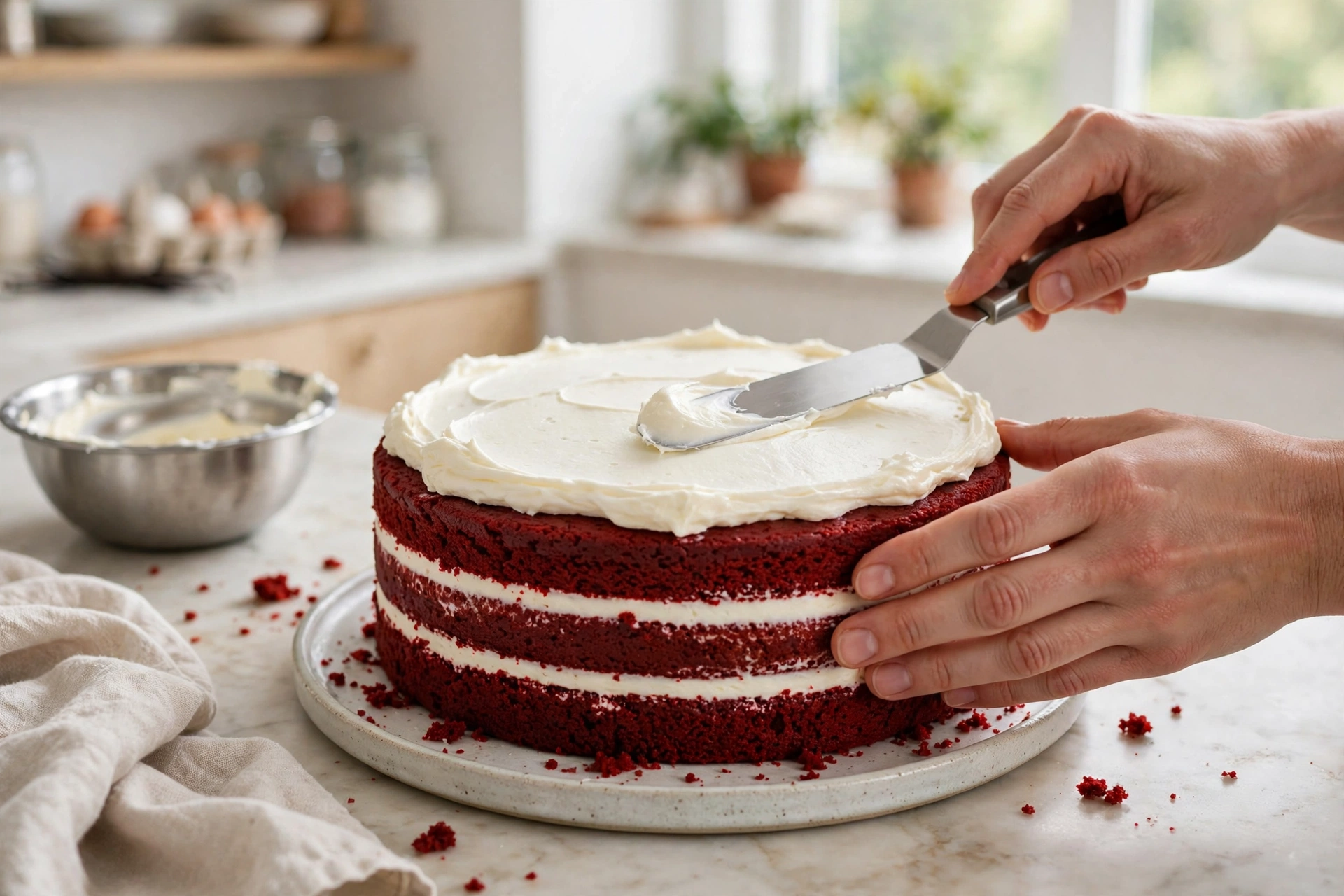 Hands spreading white frosting over a red velvet cake with an offset spatula while decorating