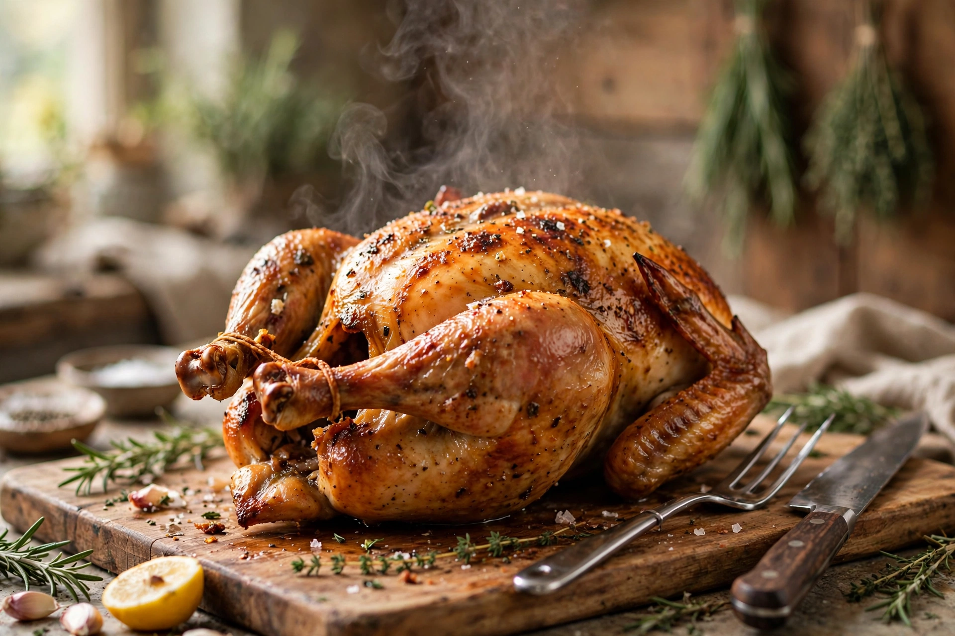 Whole golden rotisserie chicken on a cutting board ready for rotisserie chicken recipes
