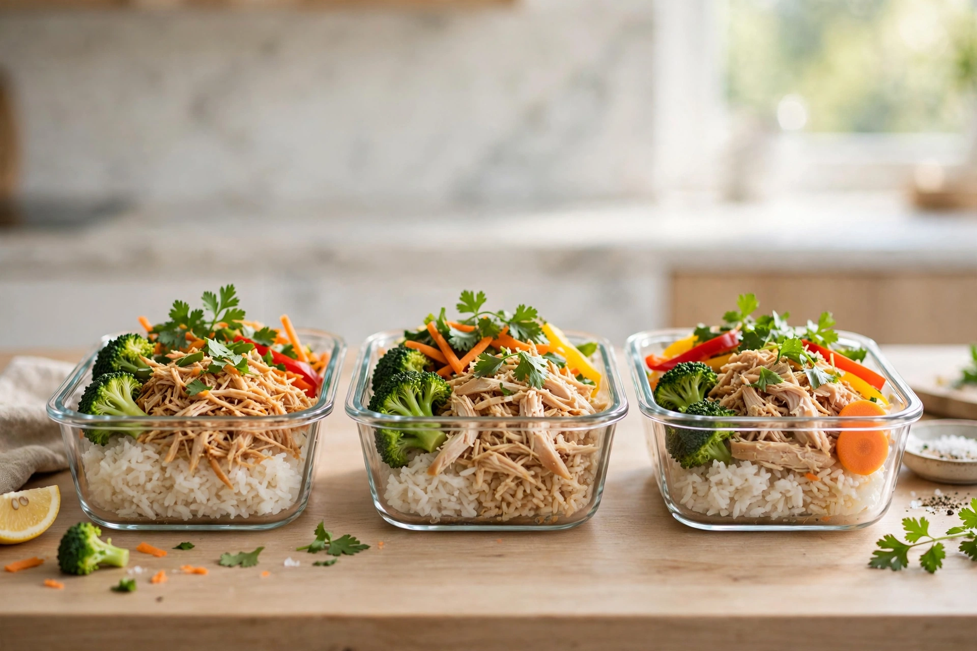 Meal prep bowls with shredded chicken for weekly rotisserie chicken recipes