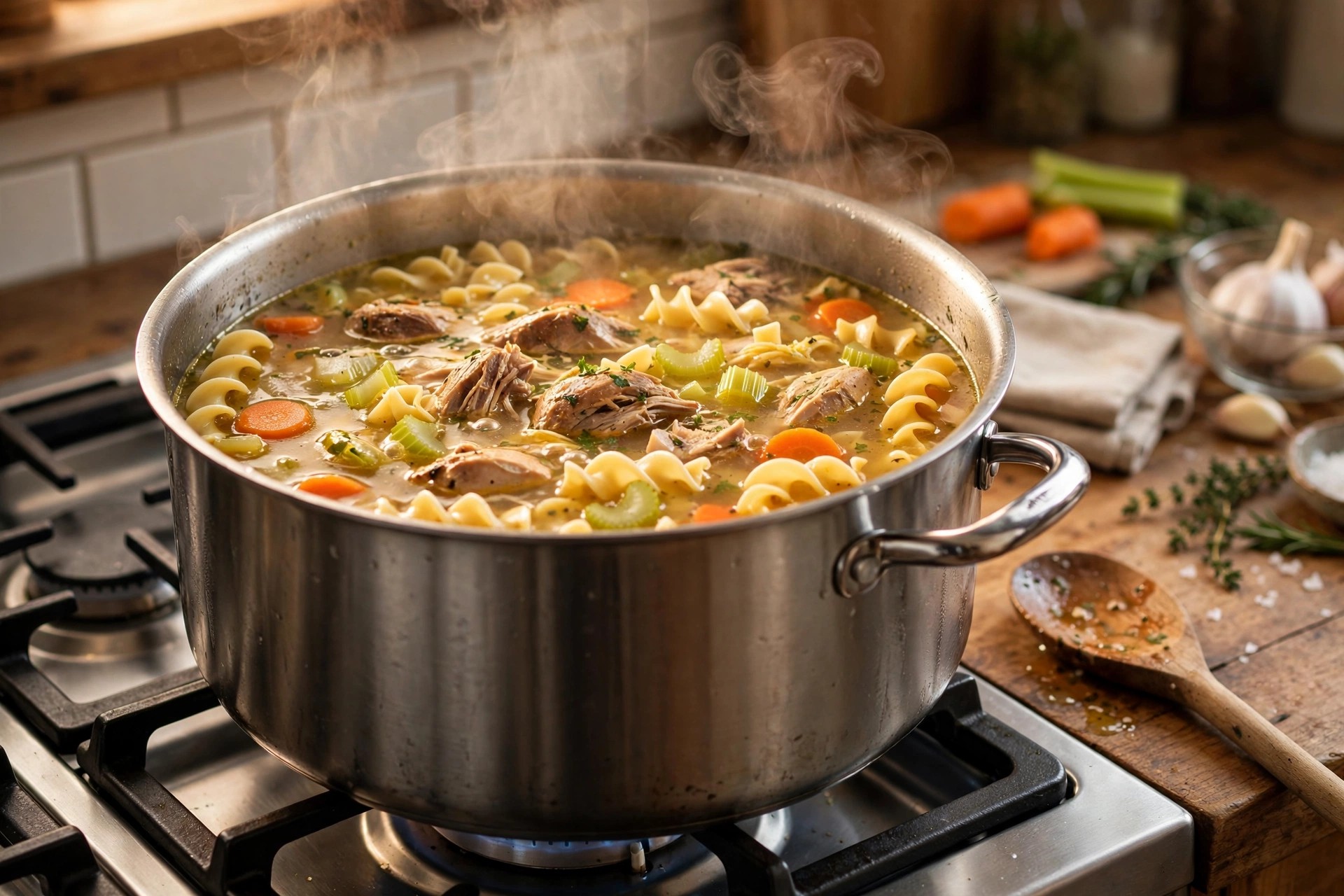 Pot of homemade chicken noodle soup made for easy rotisserie chicken recipes