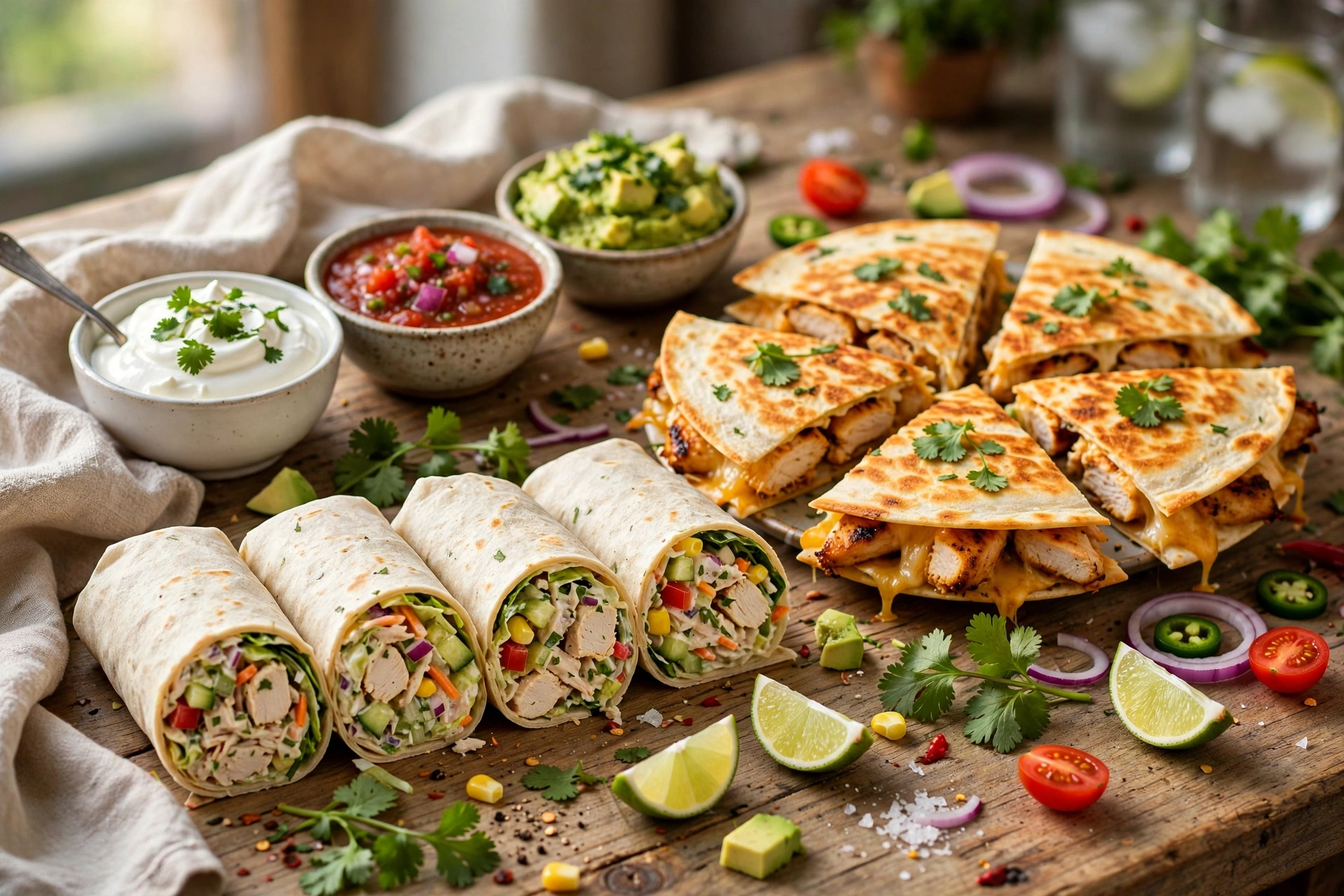 Chicken salad wraps and quesadillas spread with rotisserie chicken recipes for kids