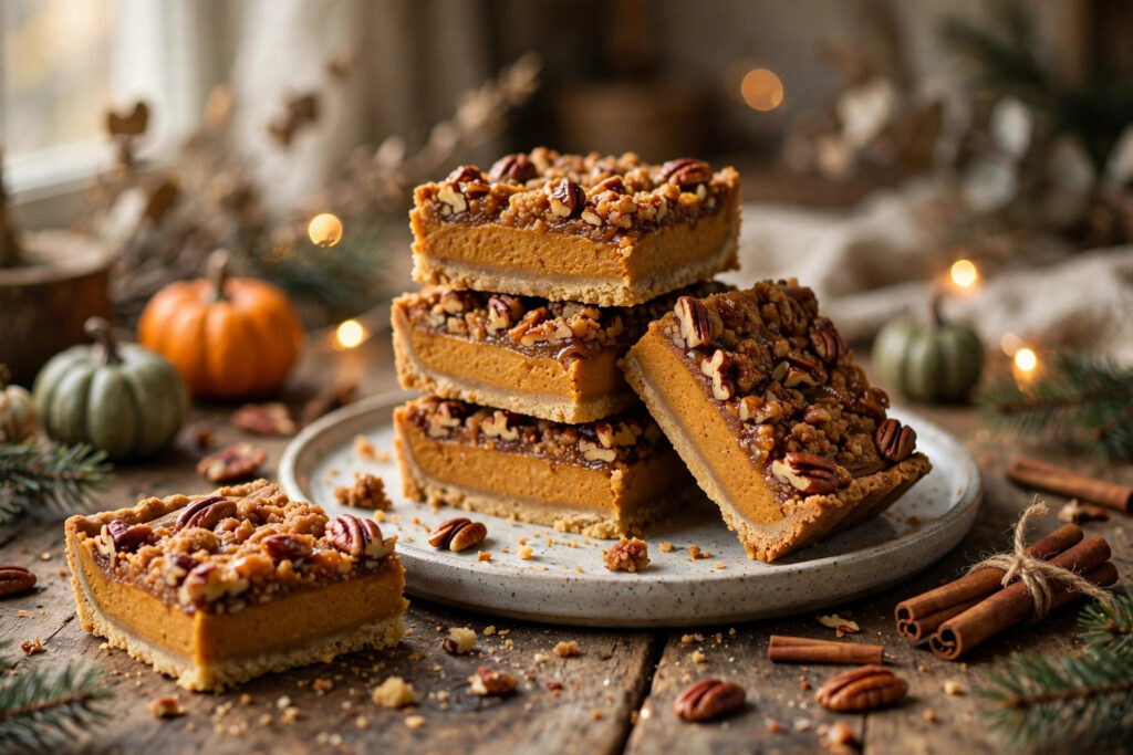 A stack of pecan pumpkin pie bars on a holiday platter