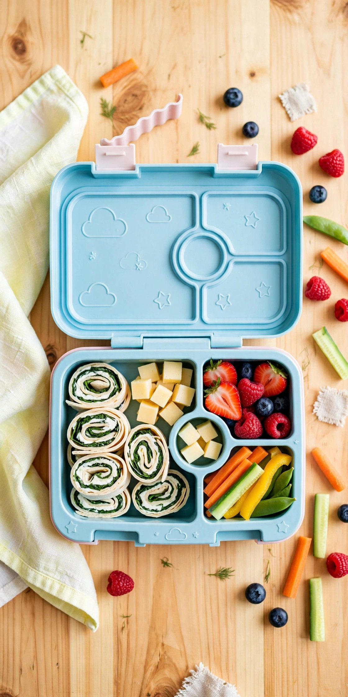 Colorful toddler bento lunch box with pinwheel wraps, cheese cubes, berries and veggie sticks — easy toddler lunch recipes