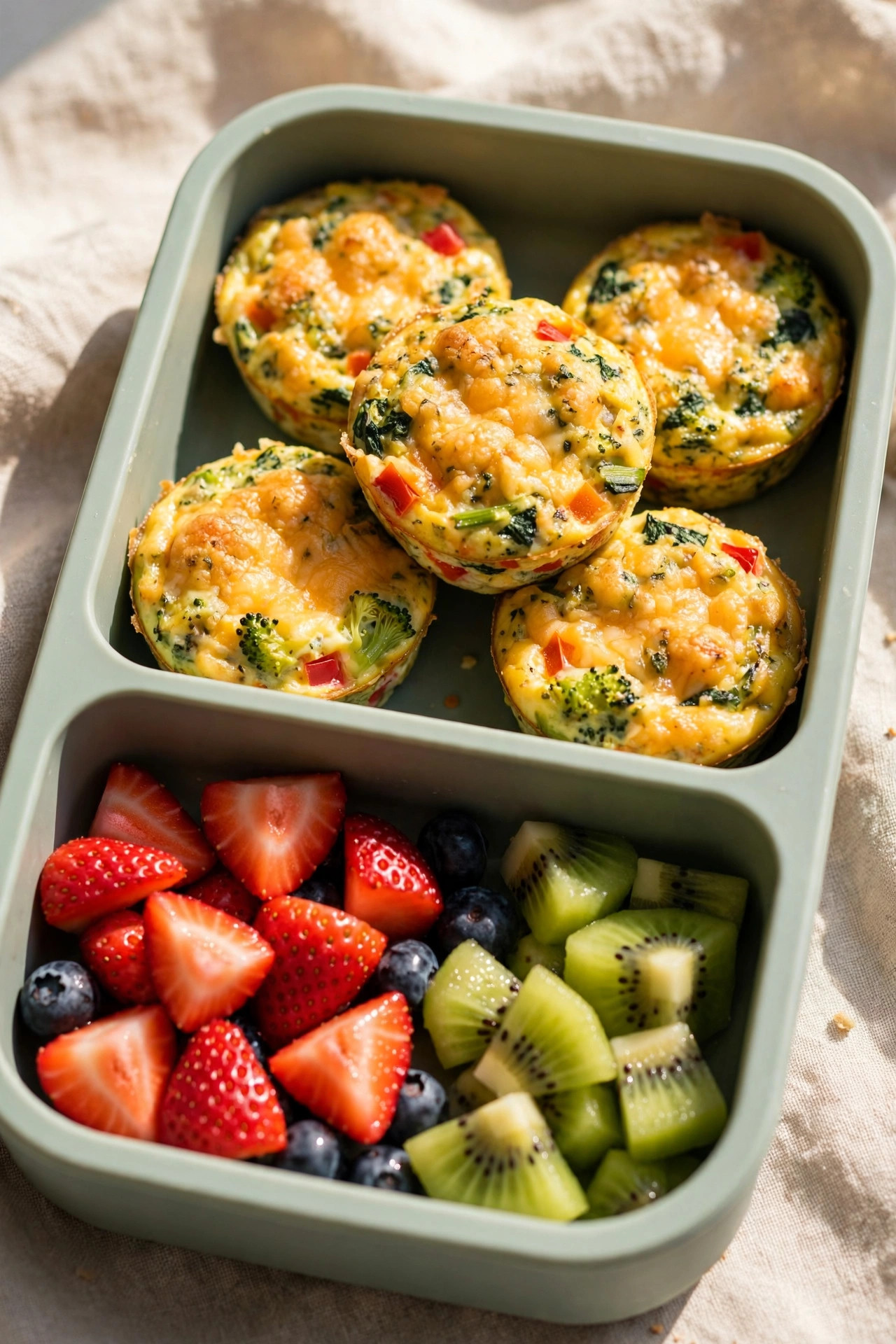 Mini cheesy veggie egg muffins and fresh fruit in a toddler lunchbox — healthy toddler lunch ideas